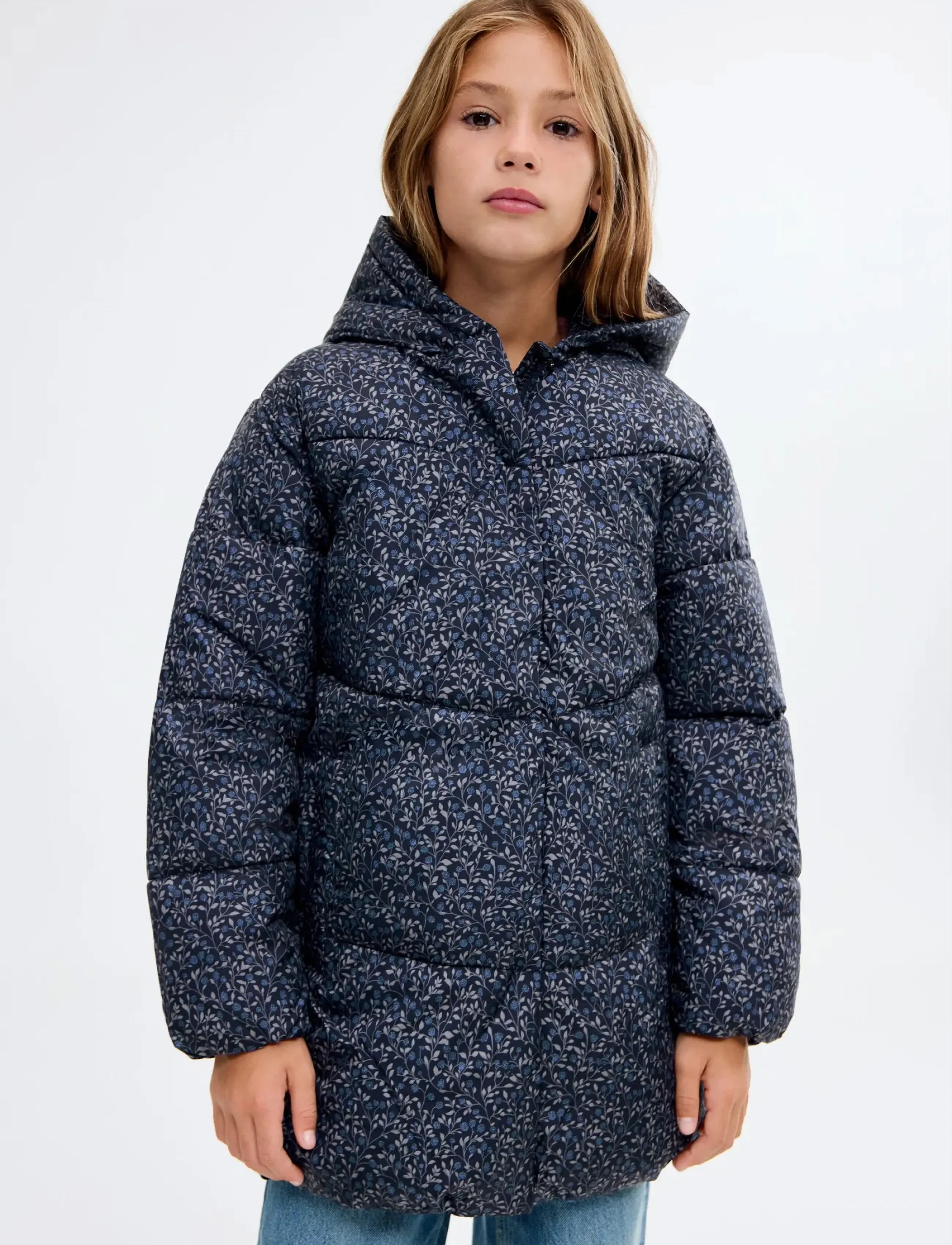 Mango Floral-Print Coat, Børn, Blomstret Vatteret Hættefrakke, Navy, Str: 152