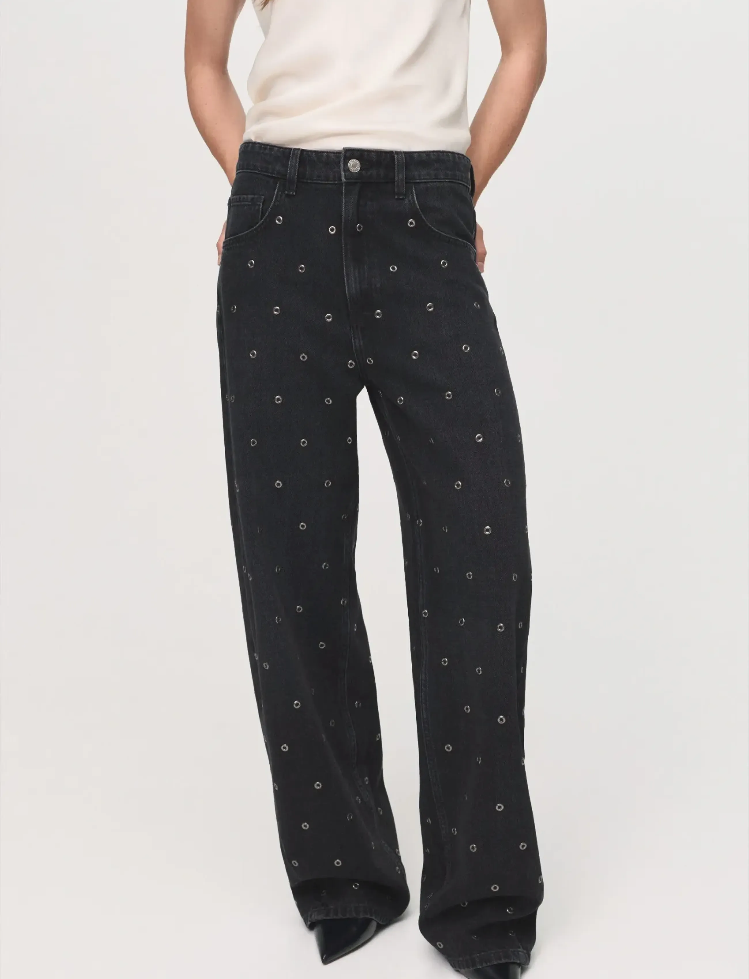 Mango Barrel jeans with eyelets - Denimkläder - OPEN GREY / black