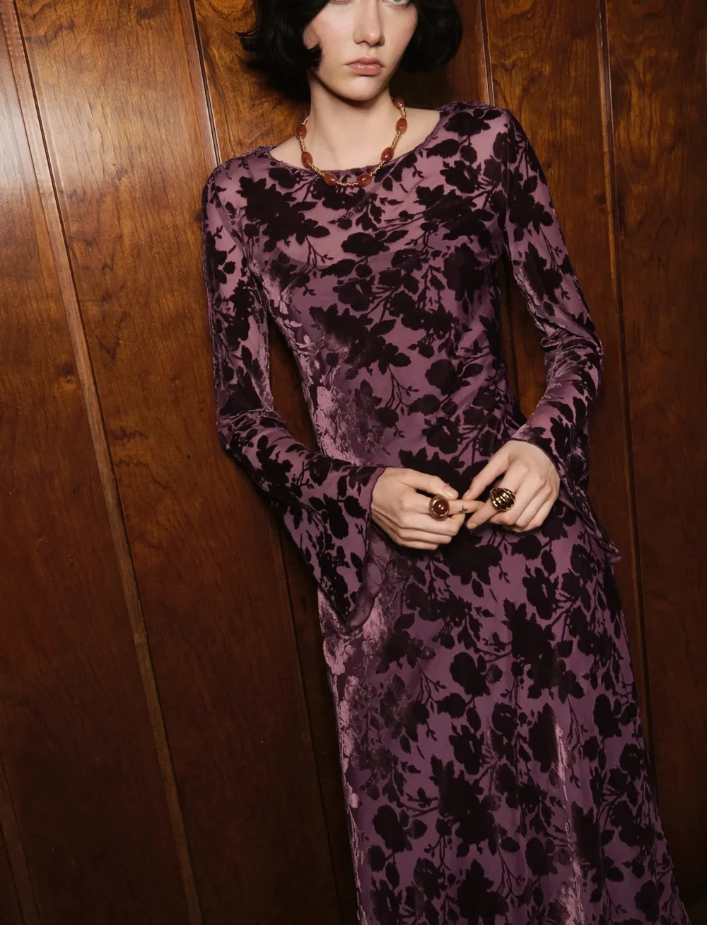 Mango - Floral jacquard dress with bell sleeves - partykleider - dark red - 0