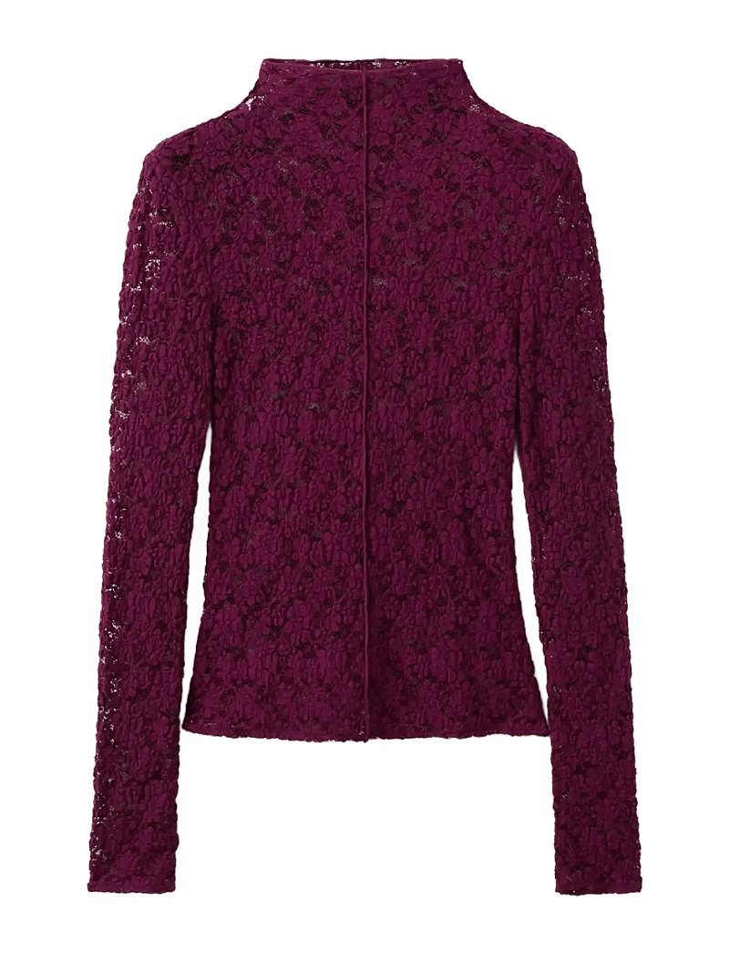 Mango - Lace top with perkins collar - långärmade blusar - dark red - 1