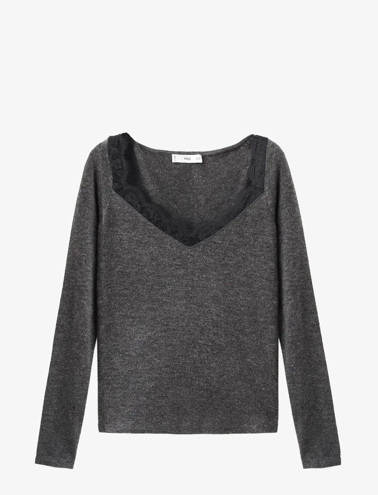 Mango - Lace-trimmed scoop-neck top - efterårstøj - medium grey - 1