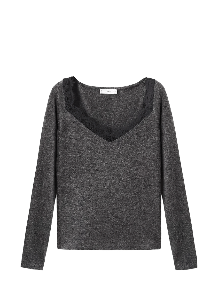 Mango - Lace-trimmed scoop-neck top - långärmade toppar - medium grey - 1