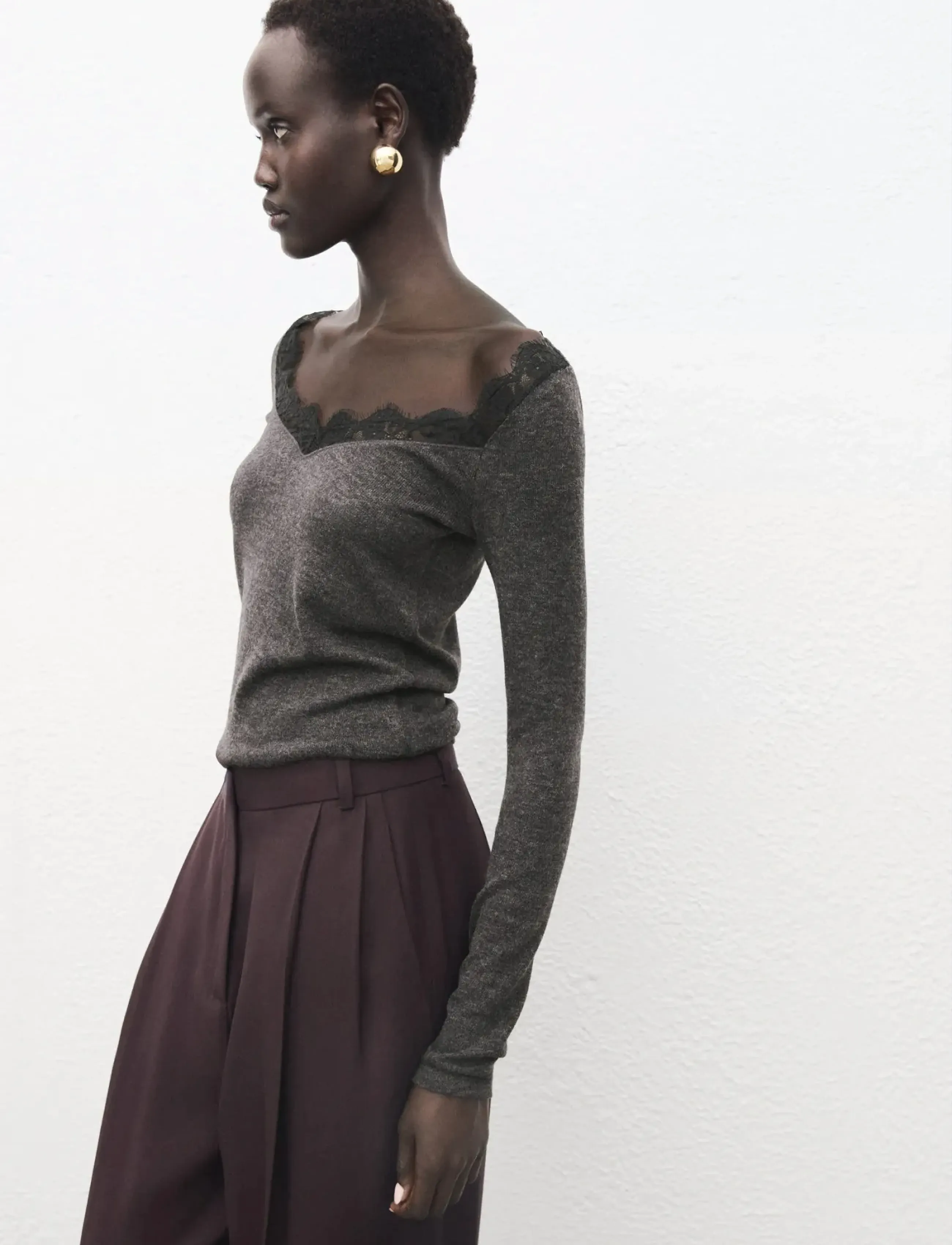 Mango Lace-trimmed scoop-neck top - Langærmede toppe - MEDIUM GREY / grey