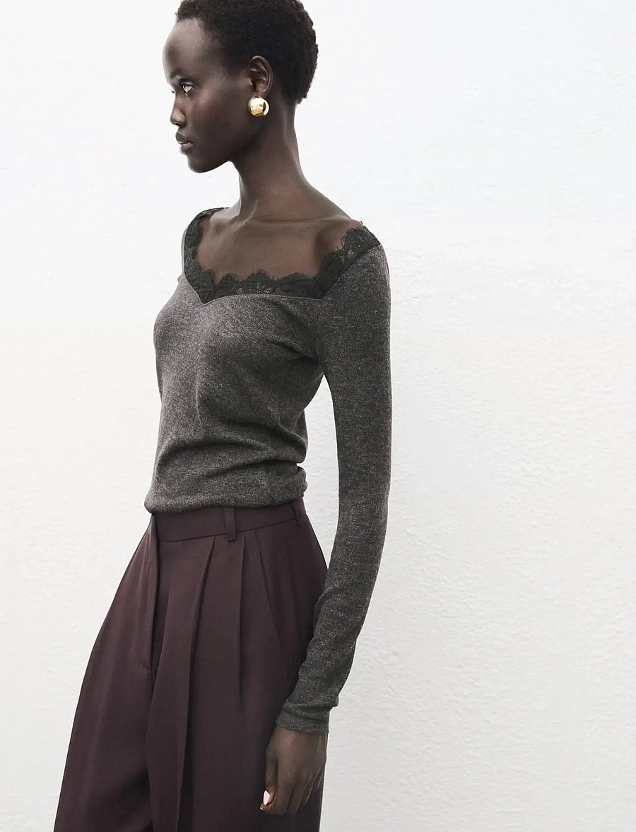 Mango - Lace-trimmed scoop-neck top - långärmade toppar - medium grey - 0