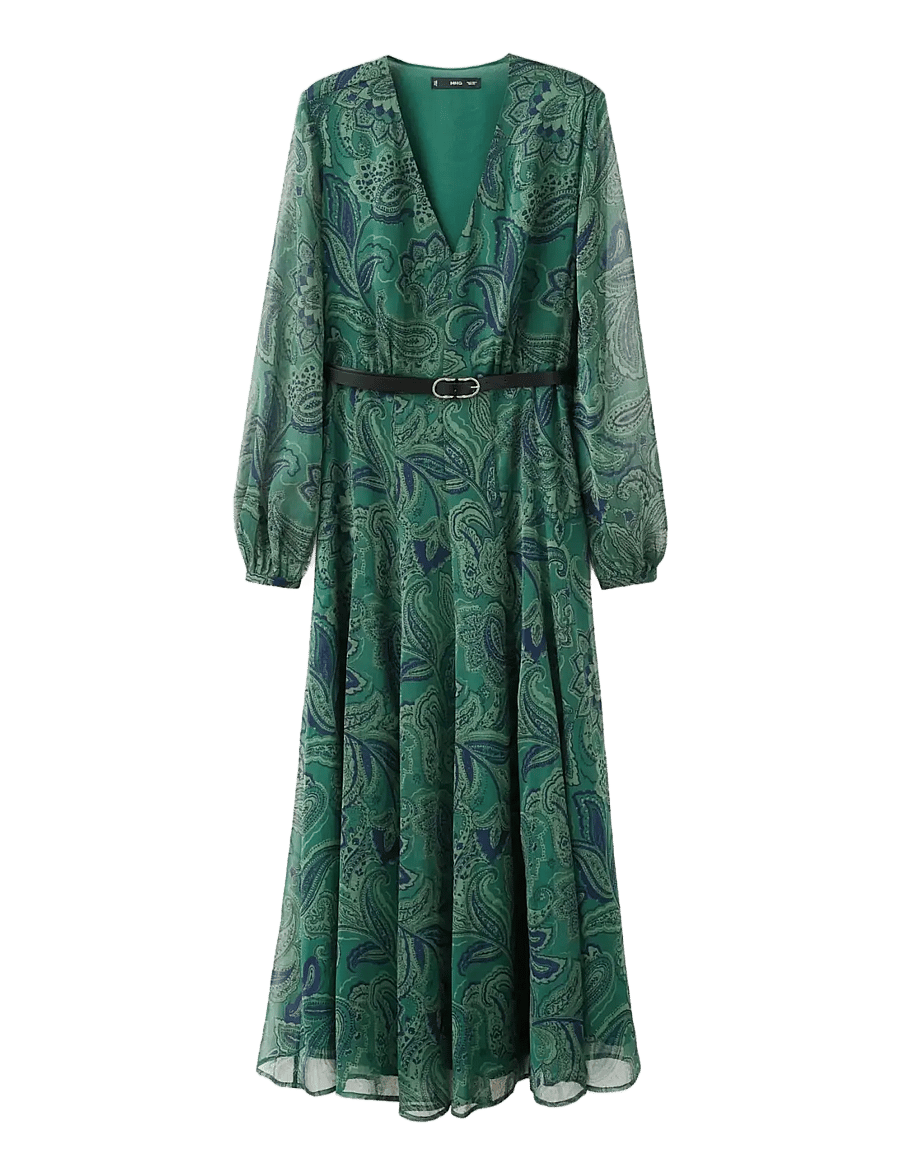 Mango - Belt printed dress - green - 1