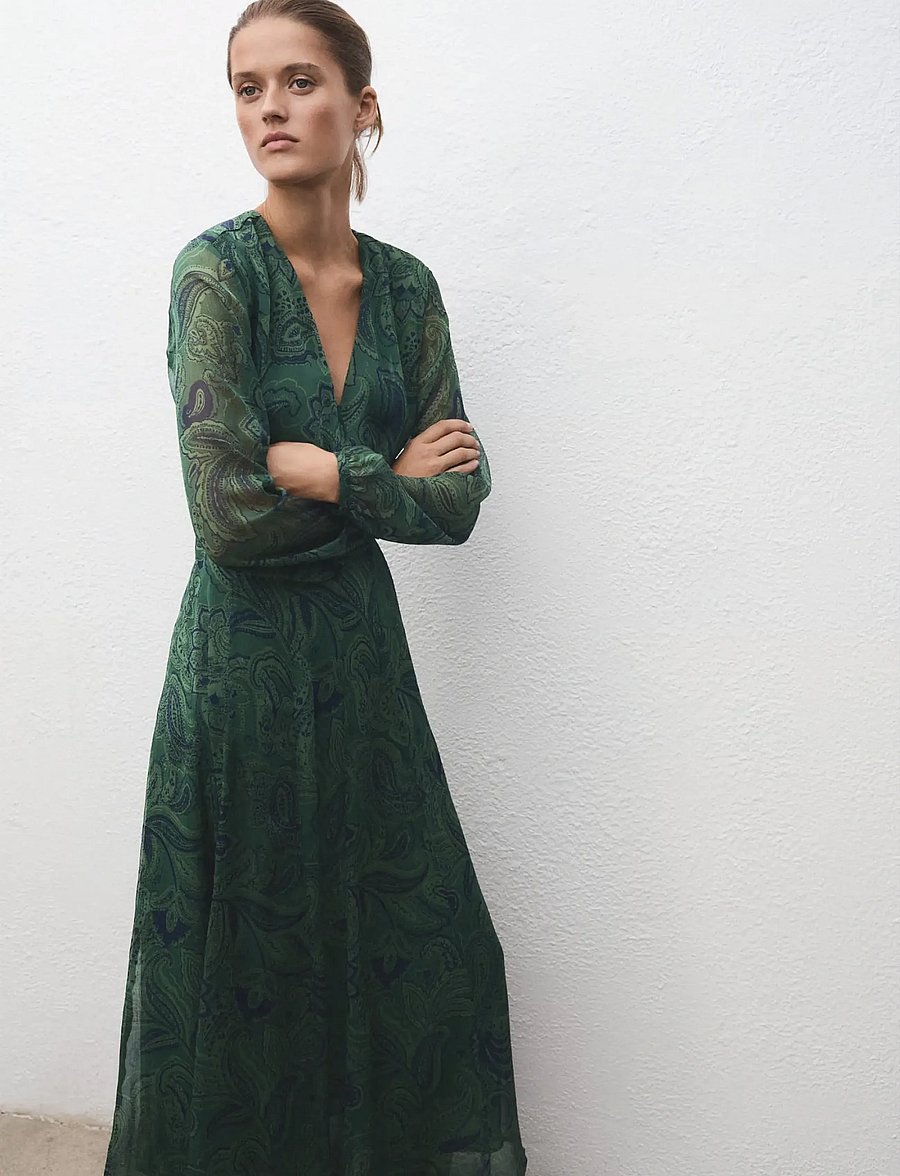 Mango - Belt printed dress - green - 0
