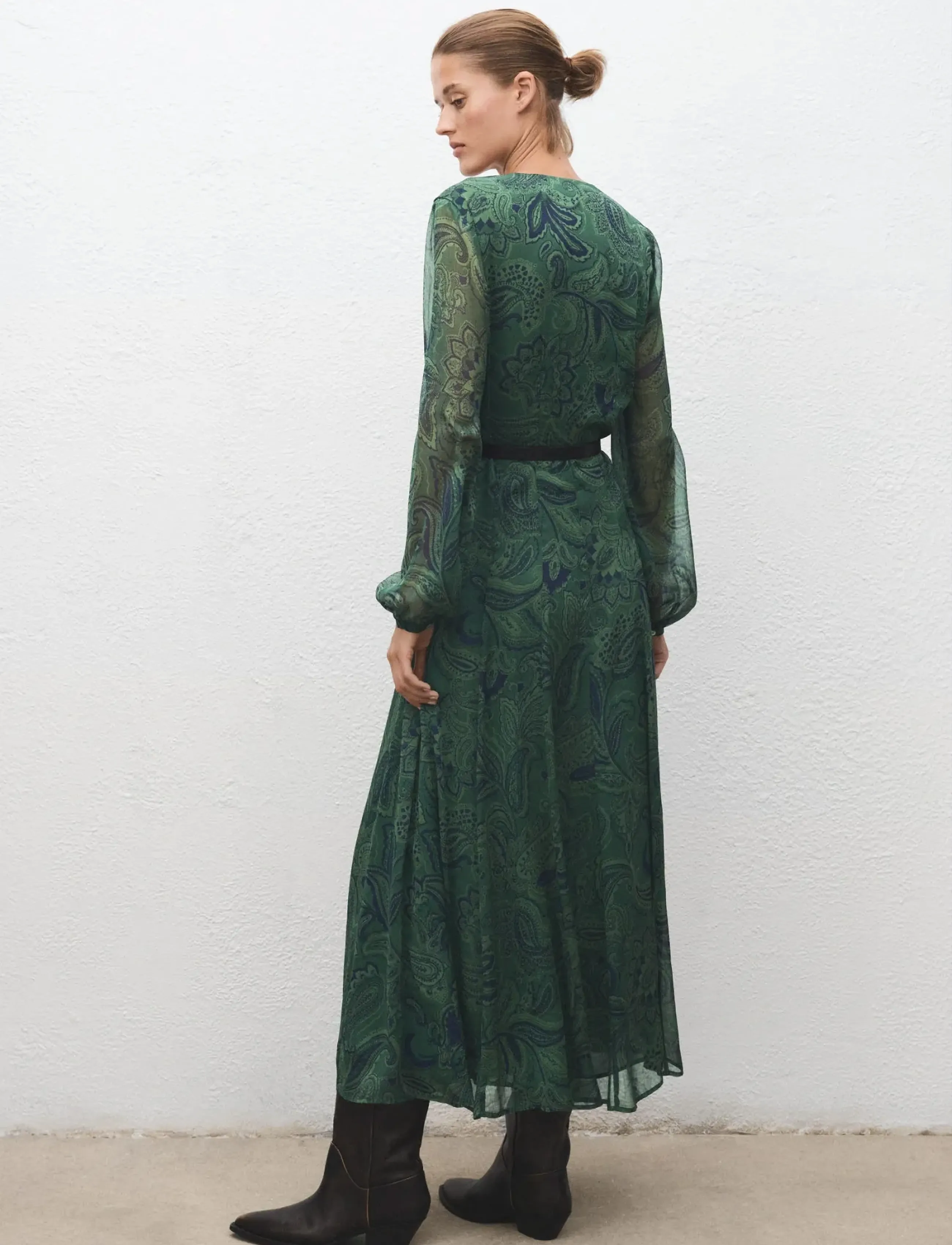 Mango - Belt printed dress - green - 2