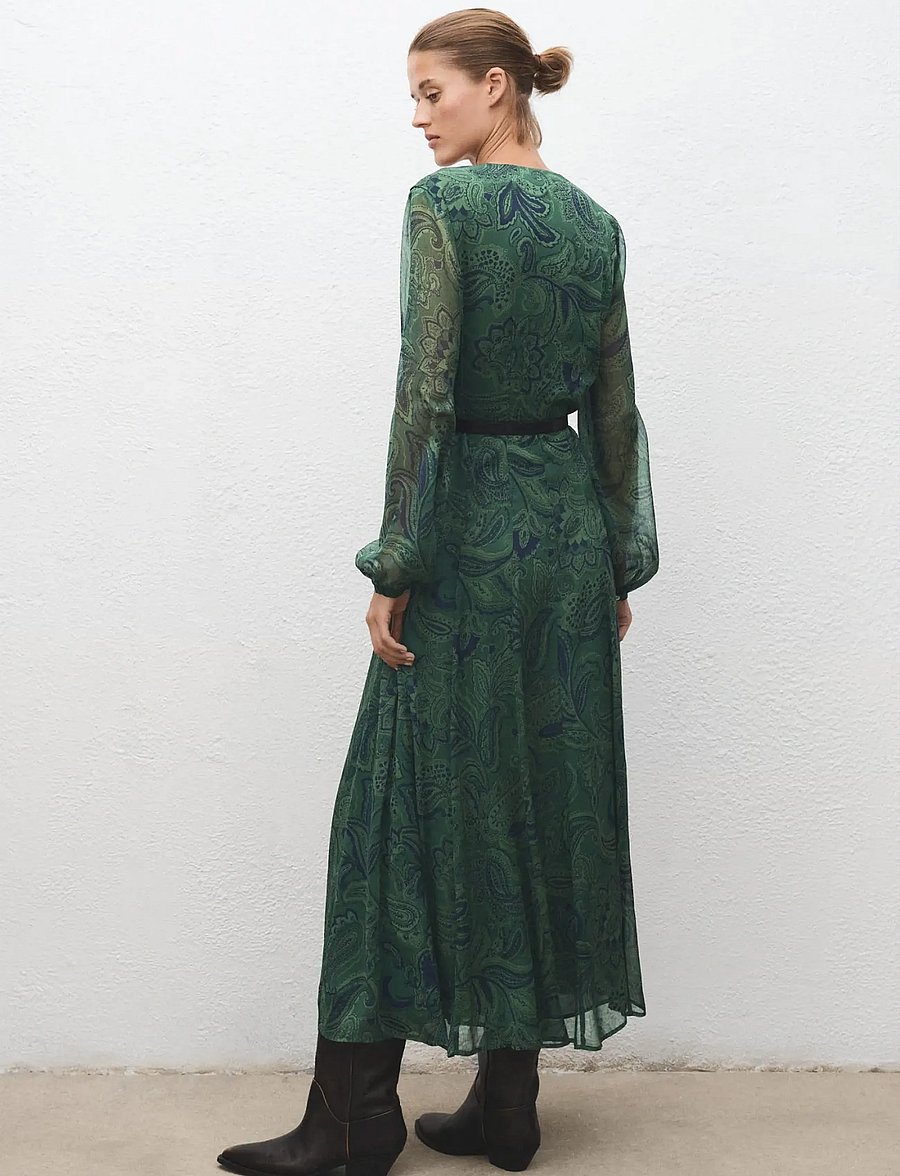 Mango - Belt printed dress - green - 2