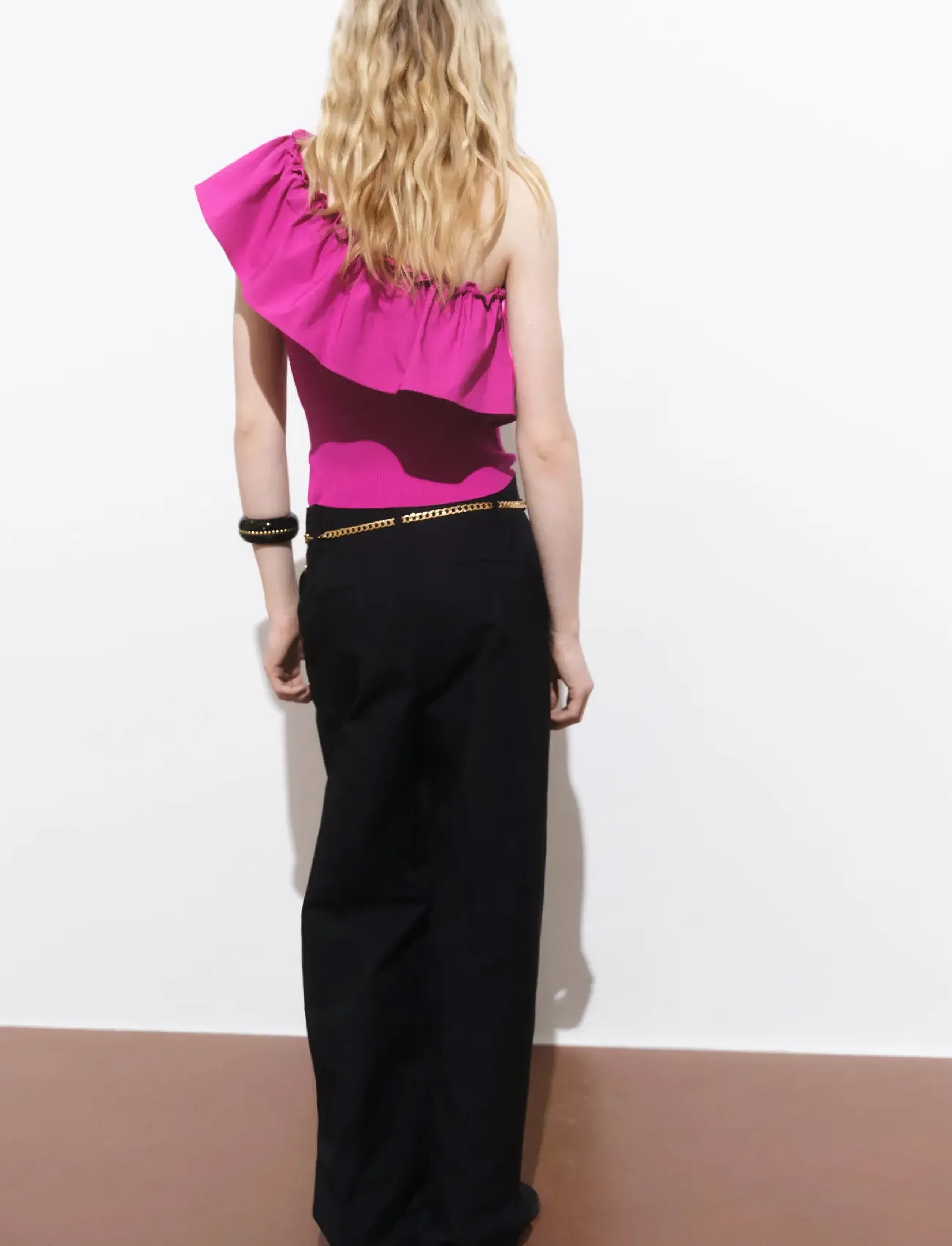 Mango - Asymmetrical top in combined fabric - linnen - bright pink - 3