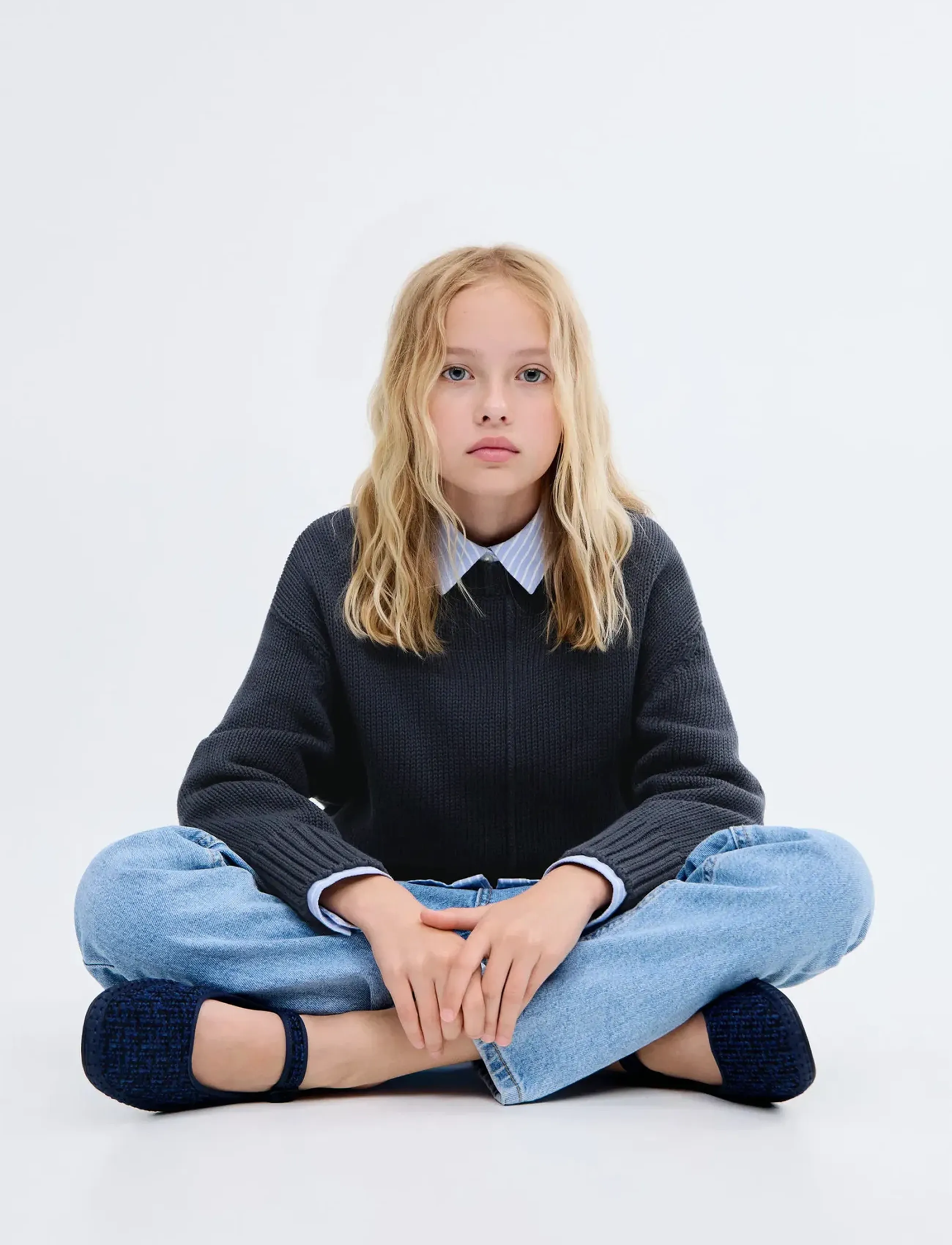 Mango Long-Sleeve Knitted Sweater, 7-8, Navy, Strik > Pullovere, Børn