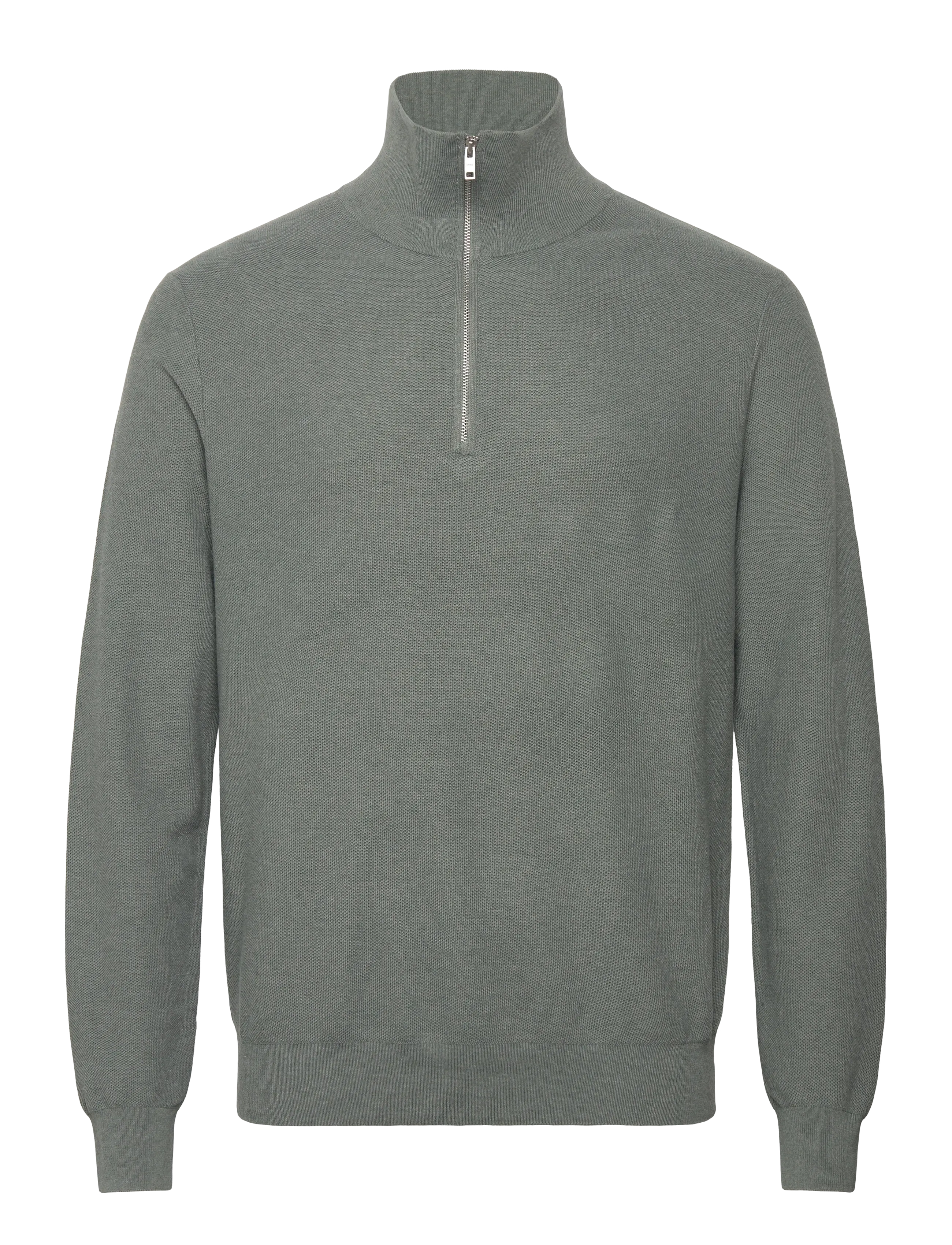 Microstructure sweater with zipper collar - MEDIUM GREEN