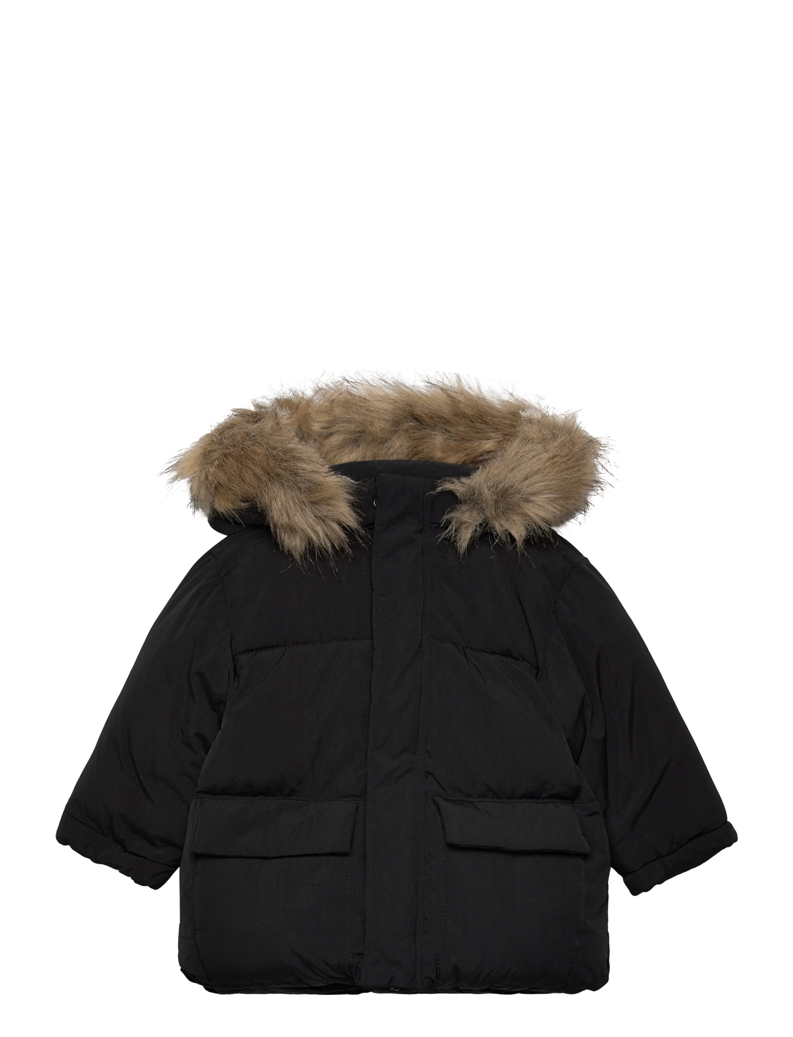 Puffer coat with fur-effect hood - BLACK