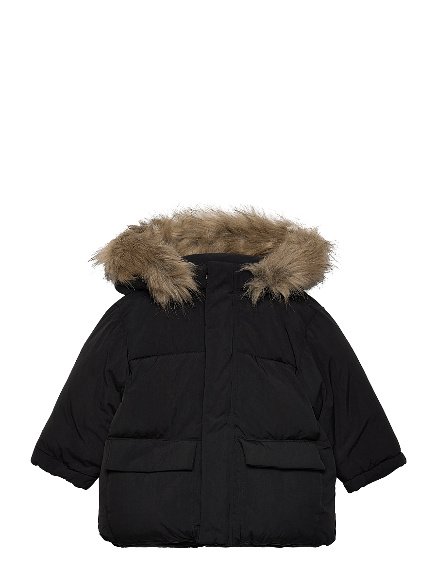 Mango - Puffer coat with fur-effect hood - vinterjackor - black - 0