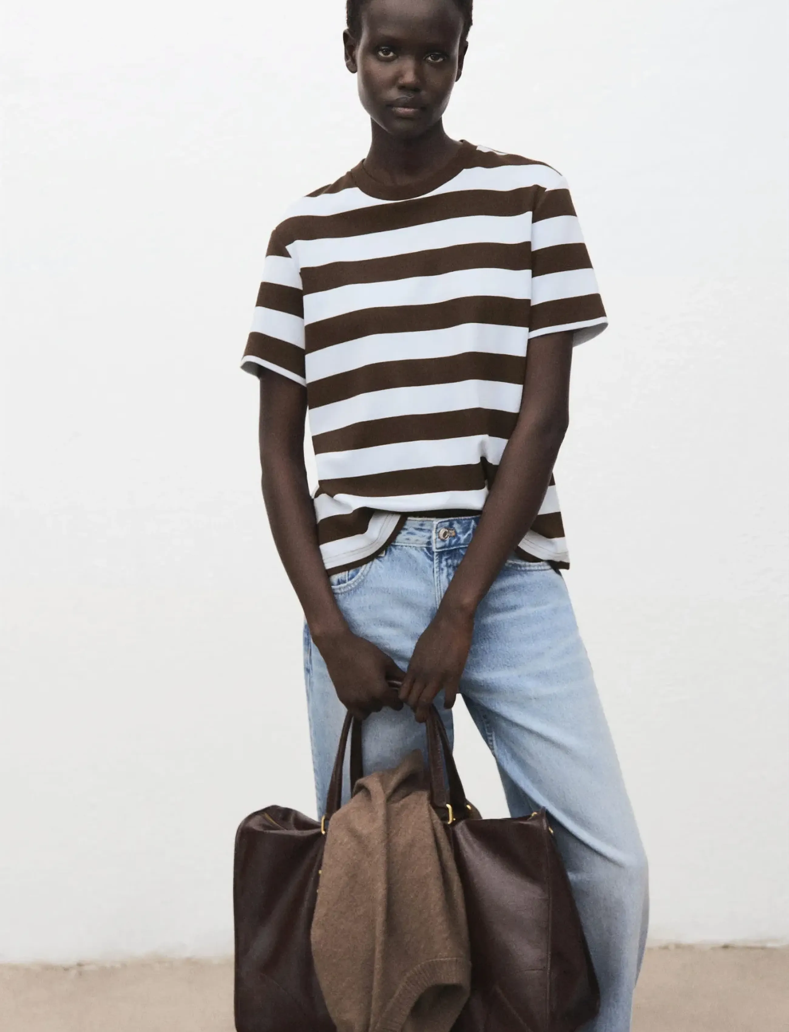 Mango Striped Short-Sleeved T-Shirt, S, Brown, T-Shirts & Toppe > Kortærmede, Dame