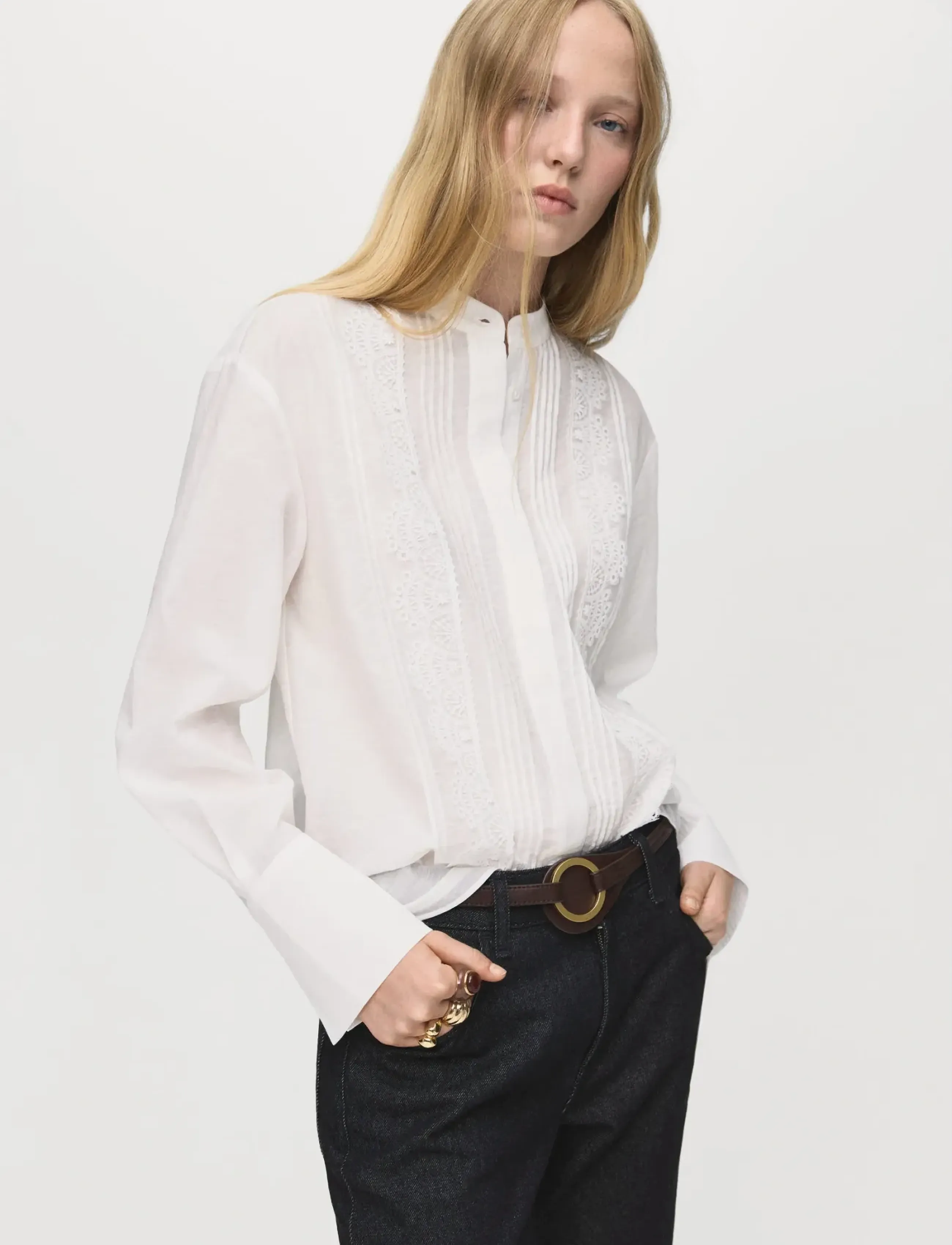 Mango Blouse with lace trim details - Puserot - LIGHT BEIGE / white