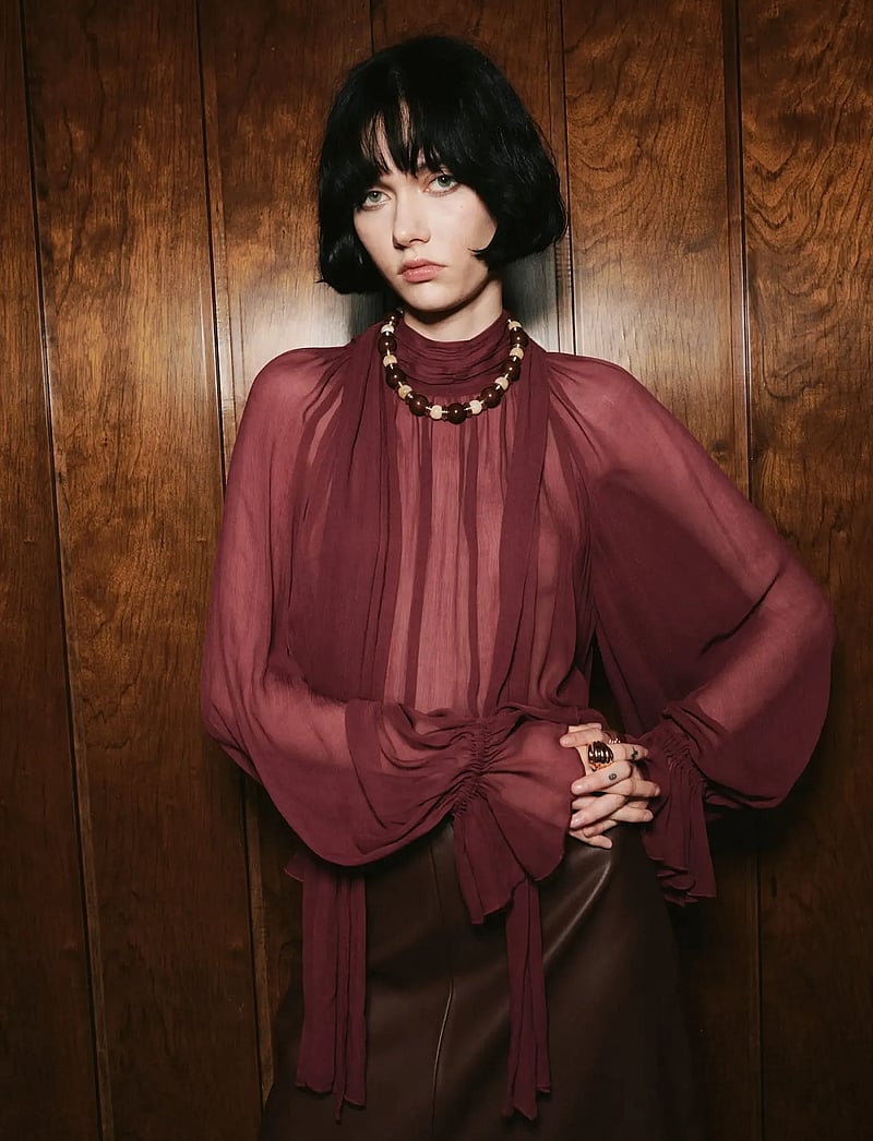 Mango - Semi-transparent blouse with foulard - long sleeved blouses - dark red - 0