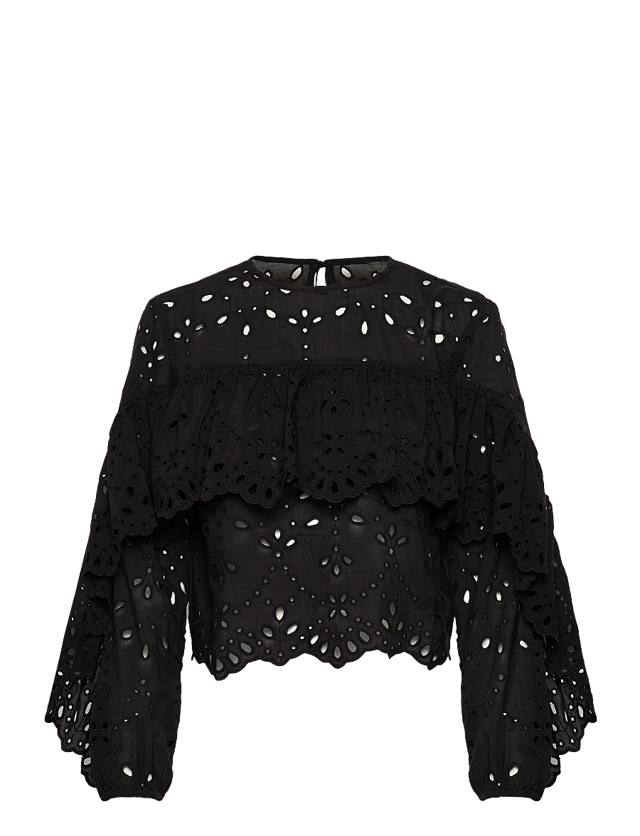 Mango - Blouse with embroidered eyelet ruffles - långärmade blusar - black - 1