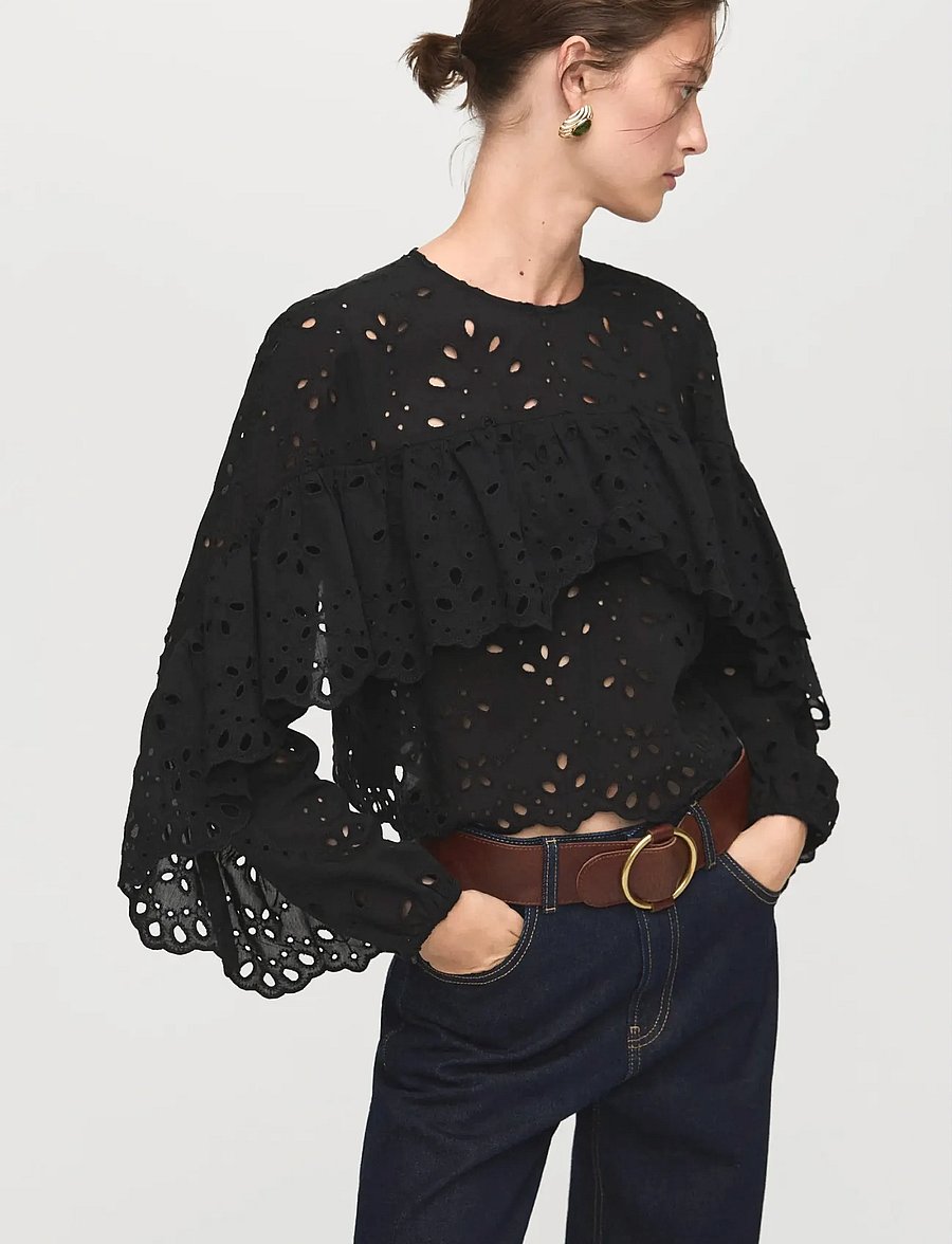 Mango - Blouse with embroidered eyelet ruffles - långärmade blusar - black - 0