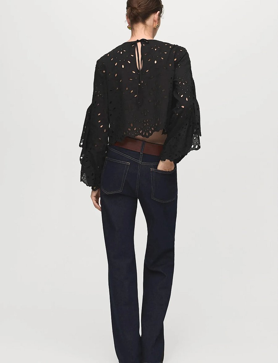 Mango - Blouse with embroidered eyelet ruffles - långärmade blusar - black - 3