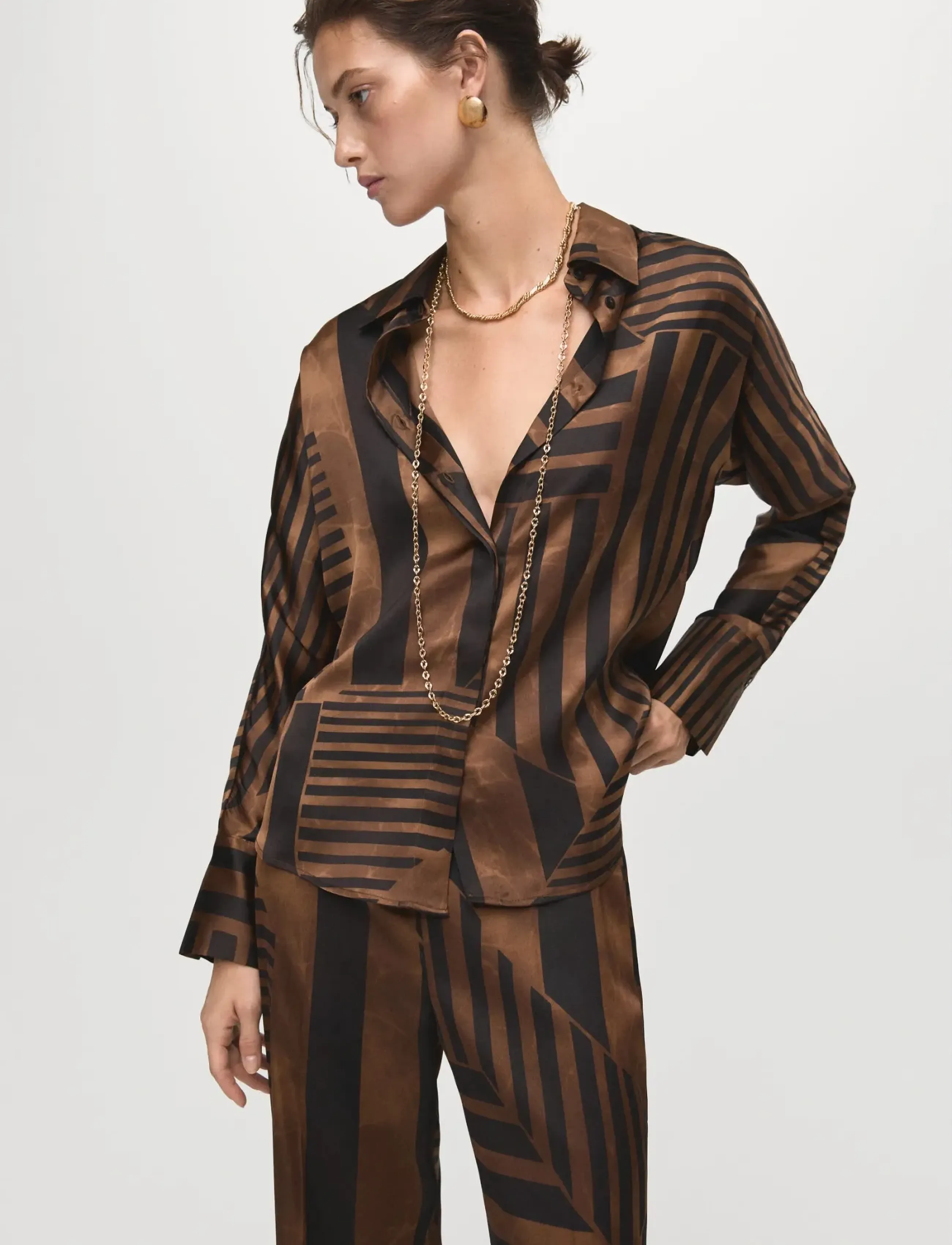 Mango Striped Satin Blouse, Kvinder, Stribet Satin Bluse, Brun, Str: S