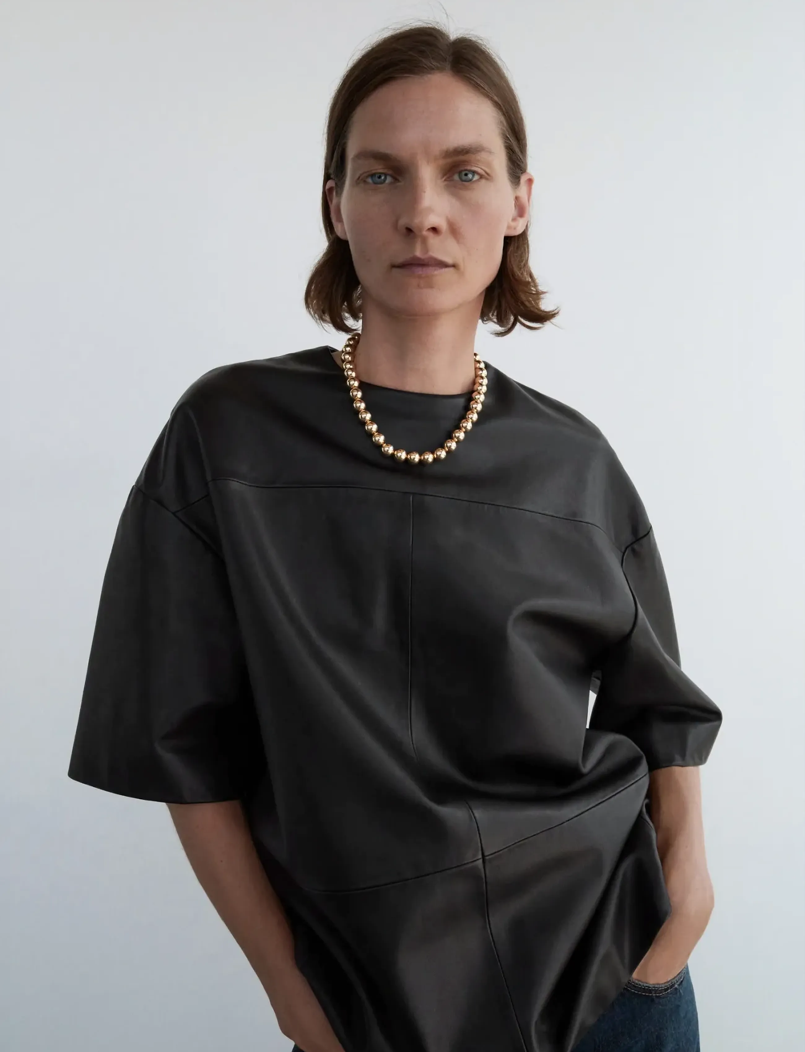 Mango 100% Leather Oversized T-Shirt, Kvinder, Oversize Læder T-shirt, Sort, Str: M