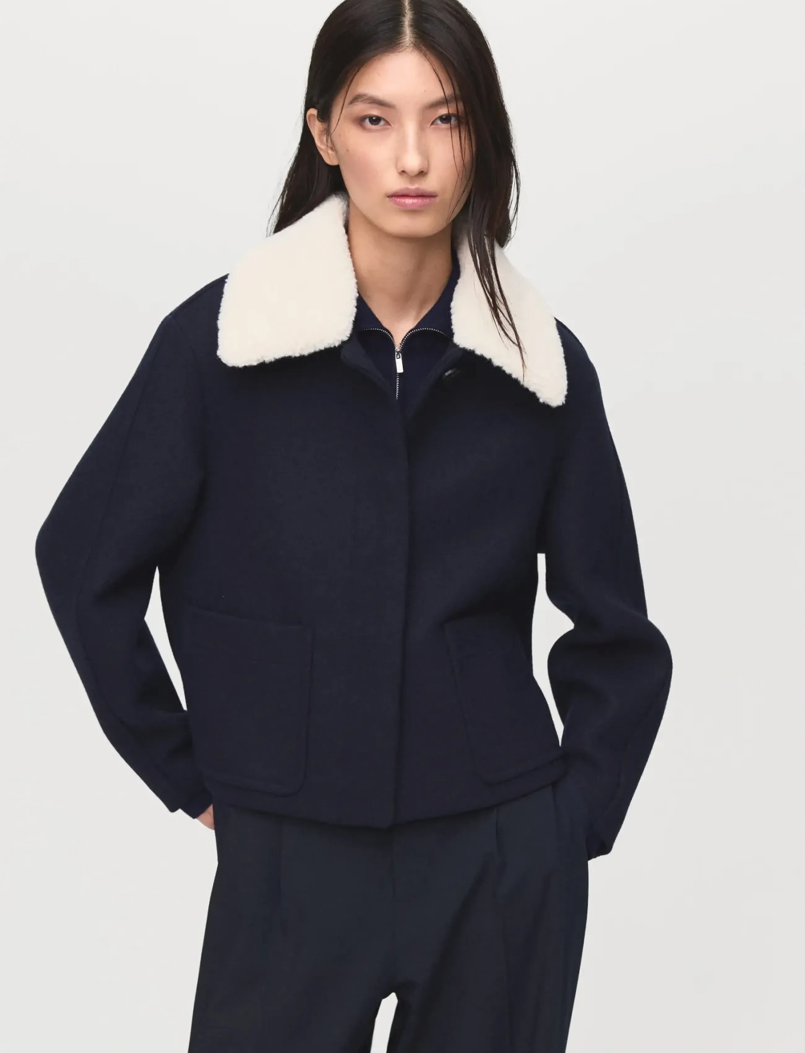 Mango Wool-Blend Jacket With Shearling-Blend Collar, XS, Jackets, Marineblau - Wool Frauen
