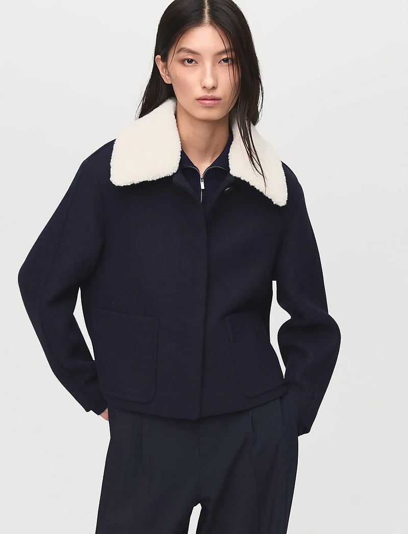 Mango - Wool-blend jacket with shearling-blend collar - wolljacken - navy - 0