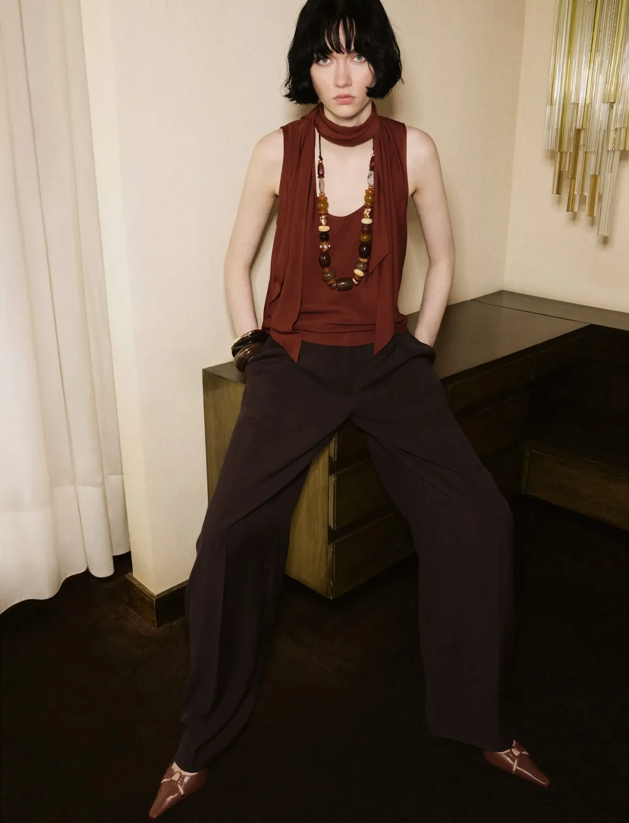 Mango Blouse With Foulard Neckline, S, Blouses, Braun - Sleeveless, Frauen
