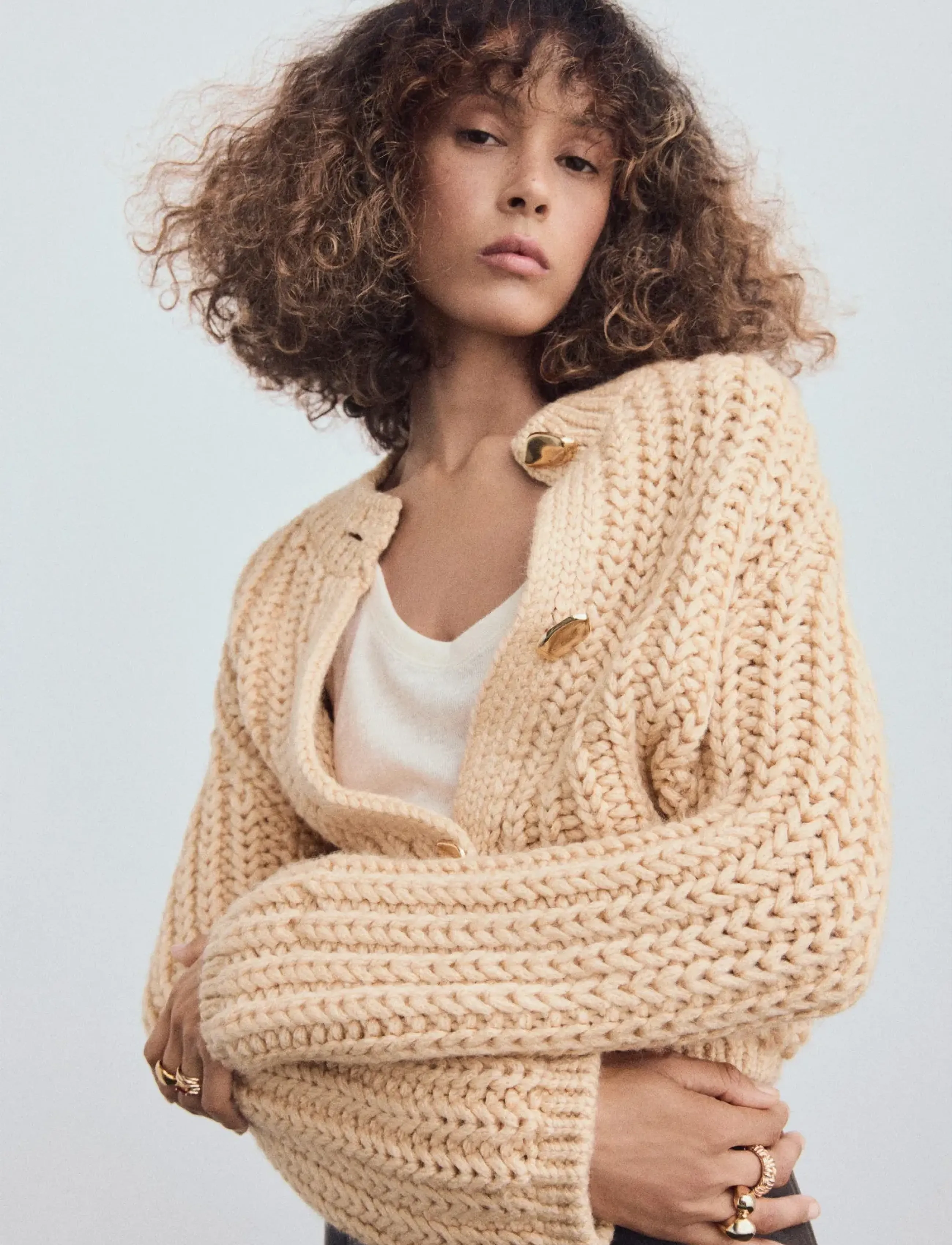Mango Chunky-Knit Cardigan With Jewel Buttons, L, Knitwear, Beige - Cardigans, Frauen