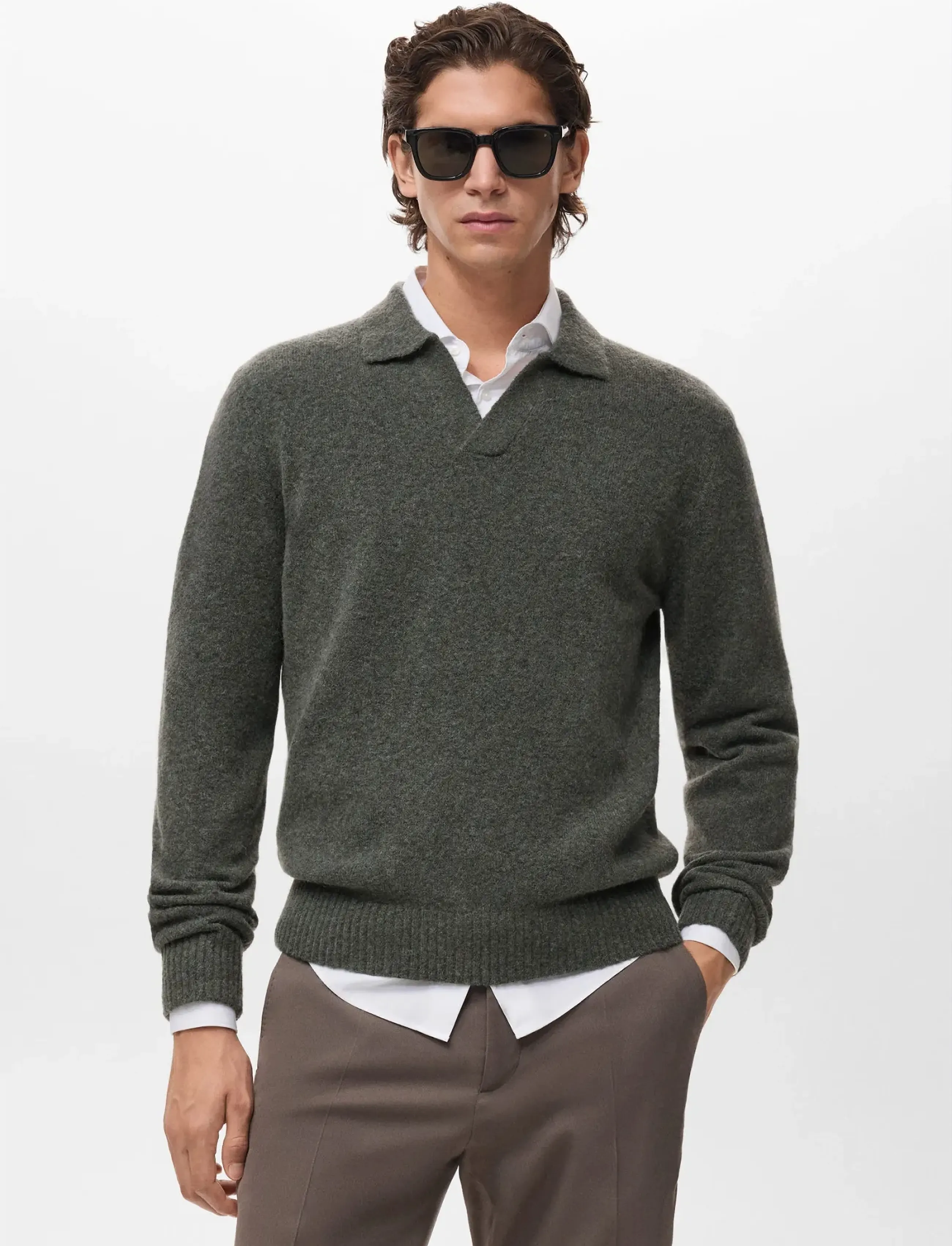 Mango Knitted wool blend polo sweater - Gestrickte Polohemden - DARK GREEN / green