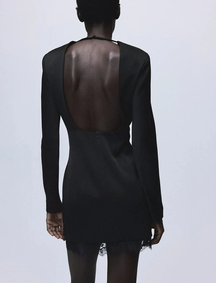 Mango - Open-back dress with lace trim hem - festklänningar - black - 2
