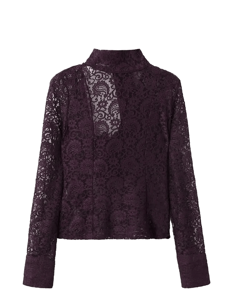 Mango - Lace shirt with scarf - langærmede bluser - dark red - 1