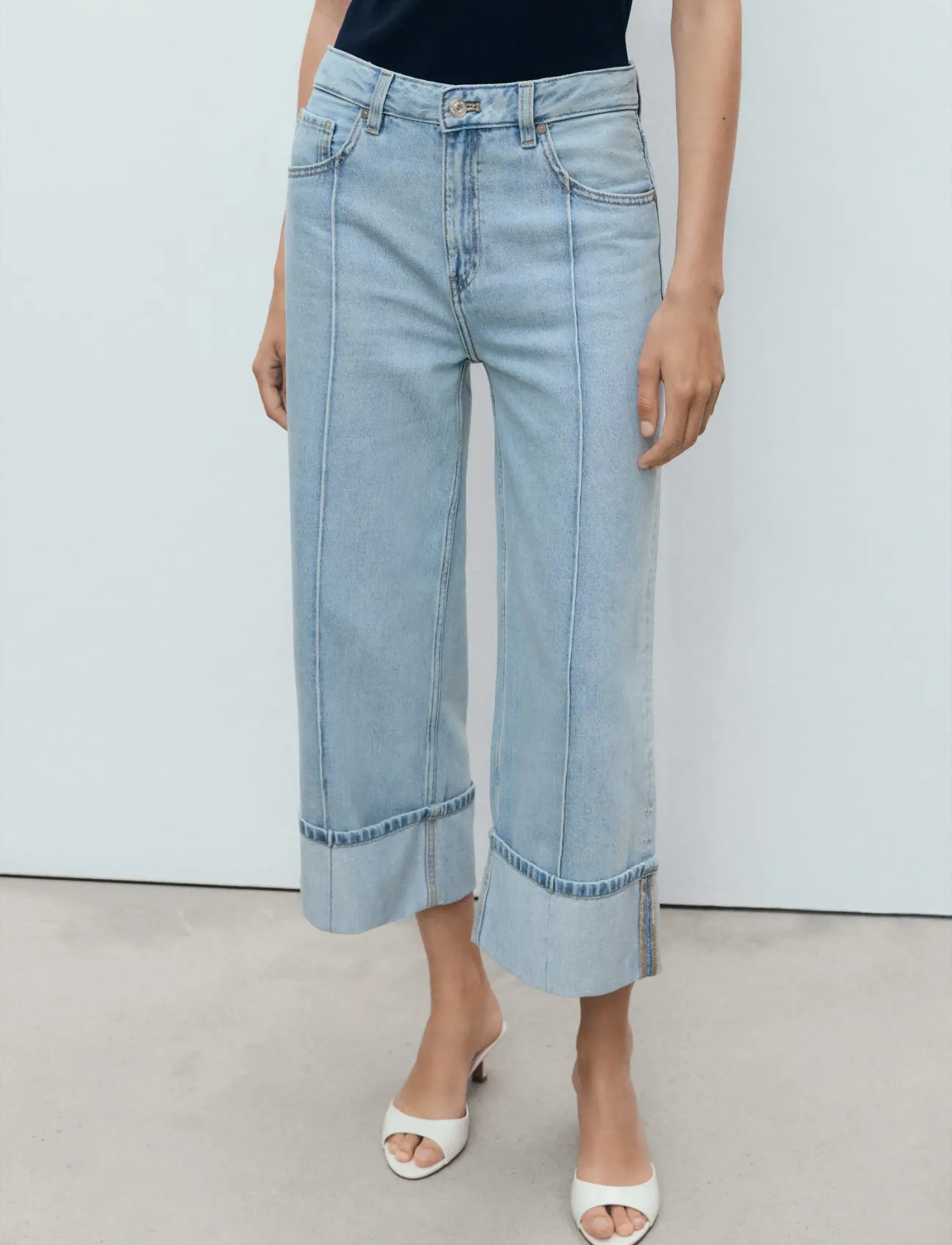 Mango Wide leg cropped jeans with rolled-up hem - Tøj - OPEN BLUE / blue