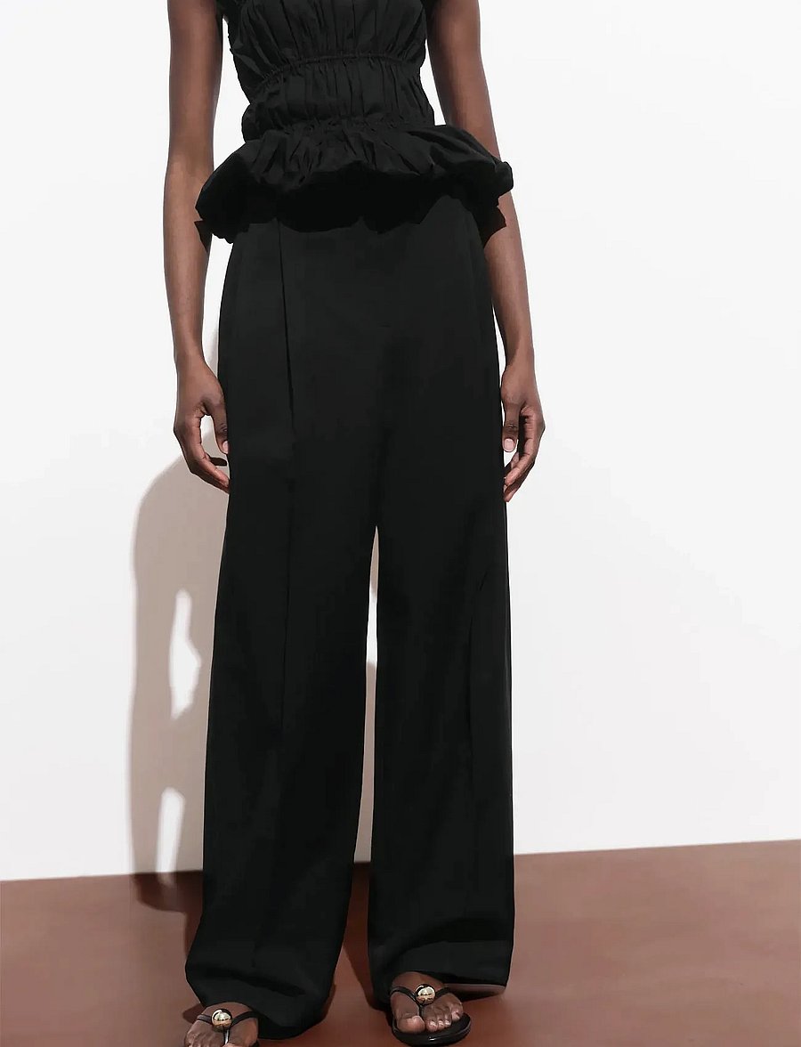Mango - Straight-leg cotton pleated trousers - kostymbyxor - black - 0