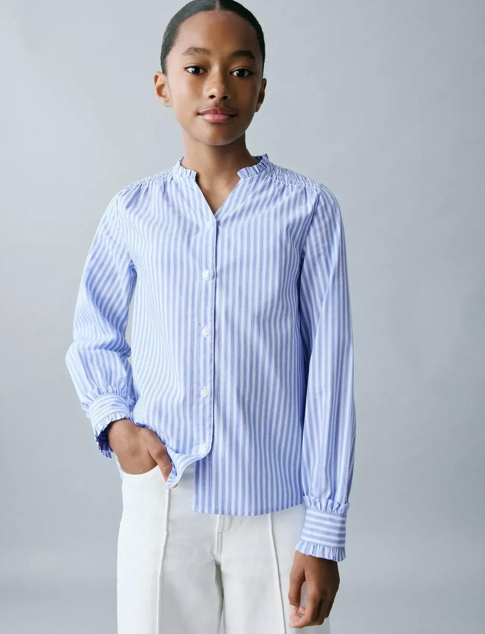 Mango - Striped shirt with pleated details - langærmede skjorter - medium blue - 0