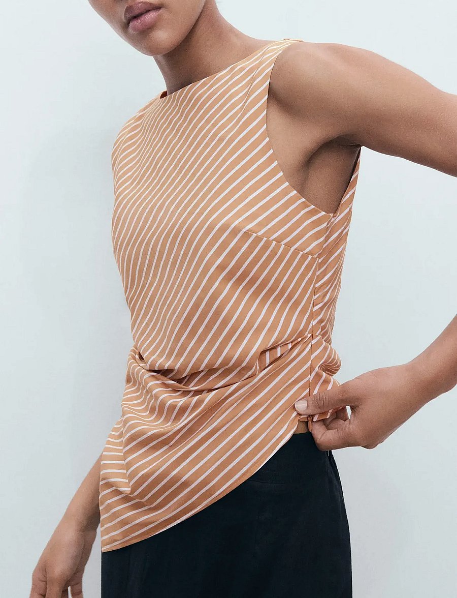 Mango - Asymmetrical striped cotton top - brown - 0