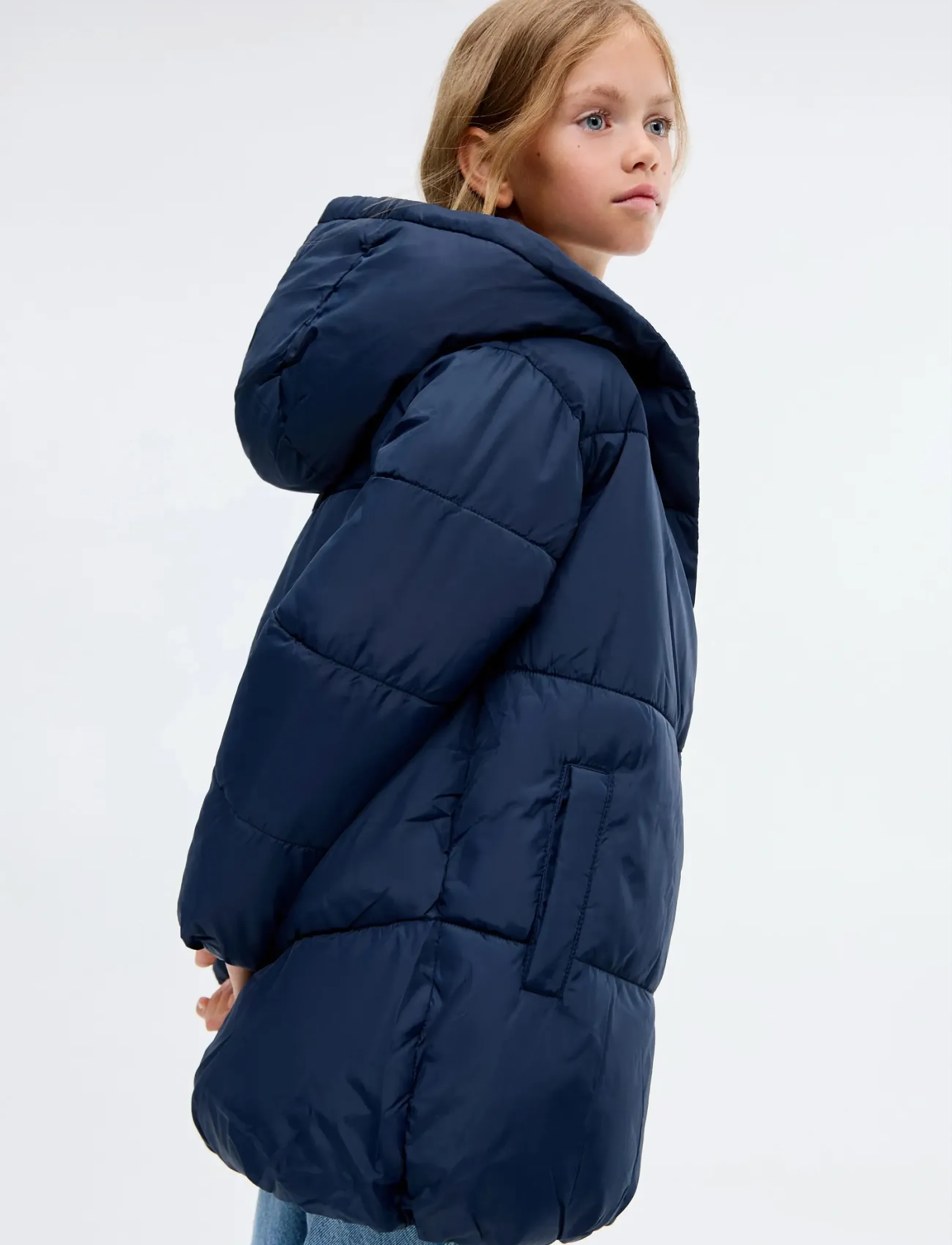 Mango Hood Puffer Coat, 116, Jackets & Coats, Marineblau - Padded, Kinder