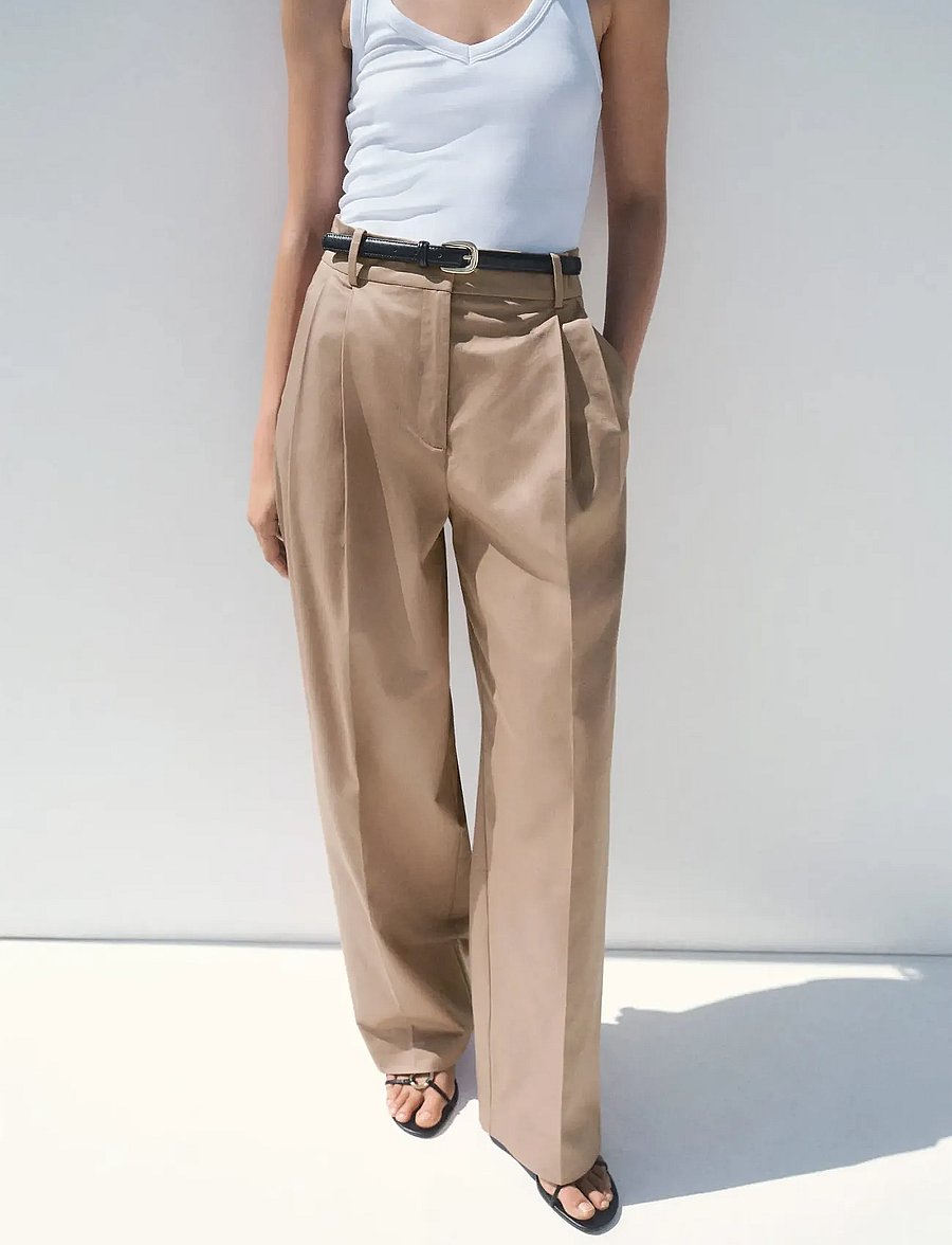 Mango - Straight cotton trousers with pleats - bukser med brede ben - light beige - 0