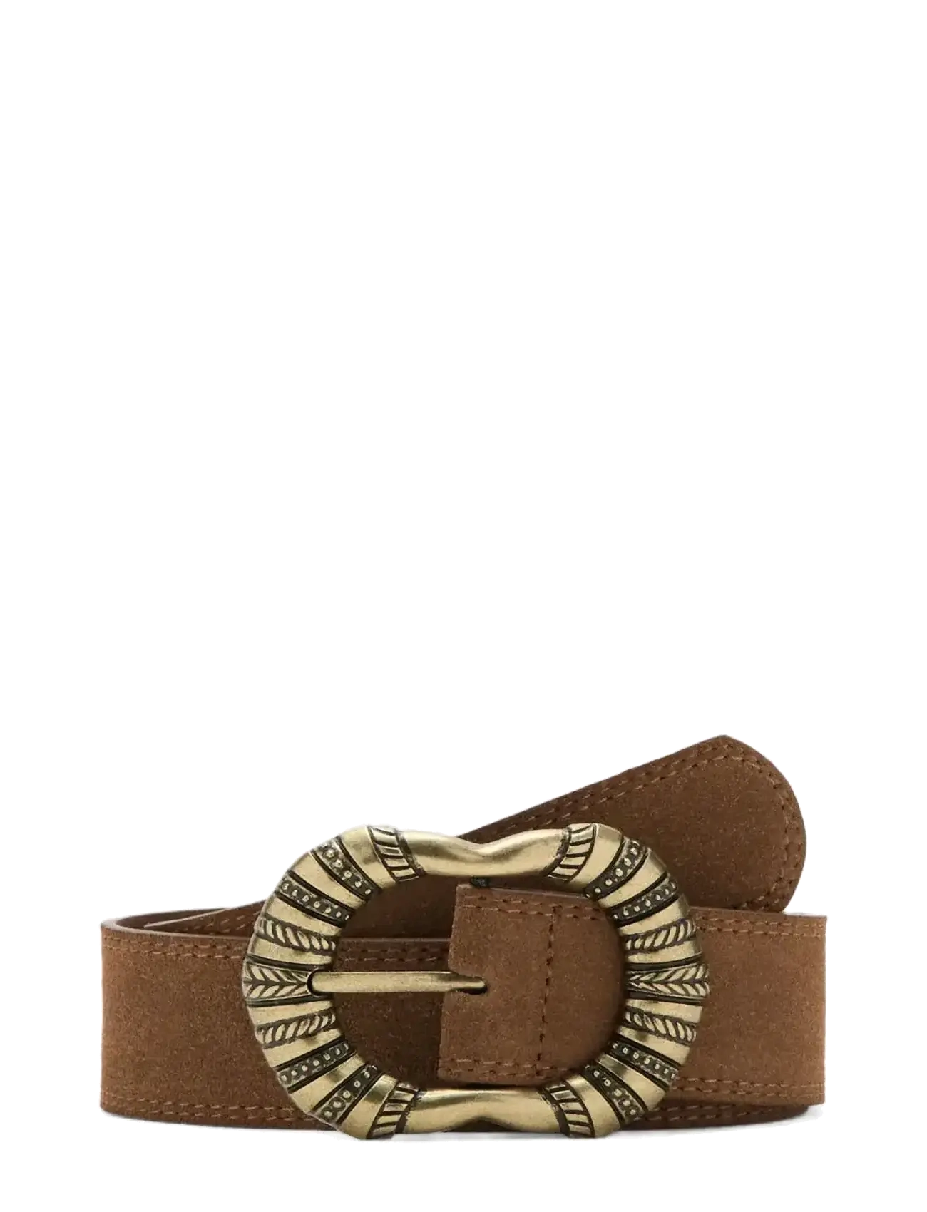 Suede leather belt with engraved buckle - BROWN