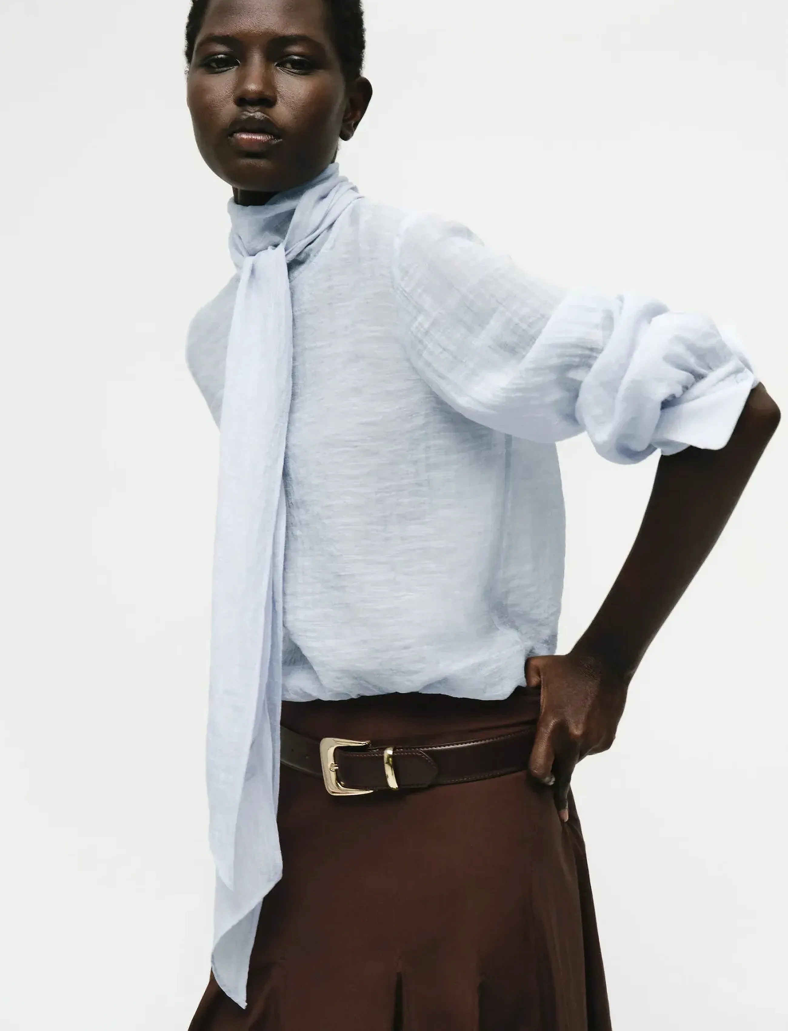 Mango Textured Blouse With Foulard, Kvinder, Draperet Bluse, Blå, Str: M