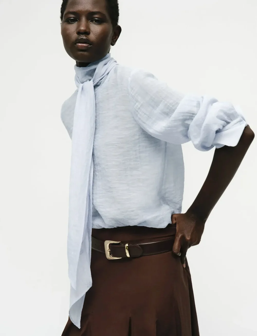 Mango - Textured blouse with foulard - långärmade blusar - lt-pastel blue - 0