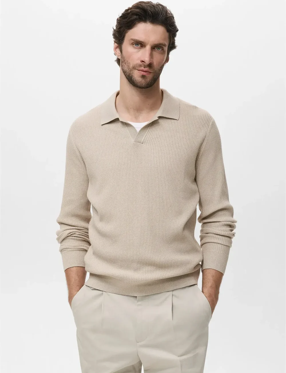 Mango - Cotton-blend ribbed polo sweater - neulotut poolot - light beige - 0