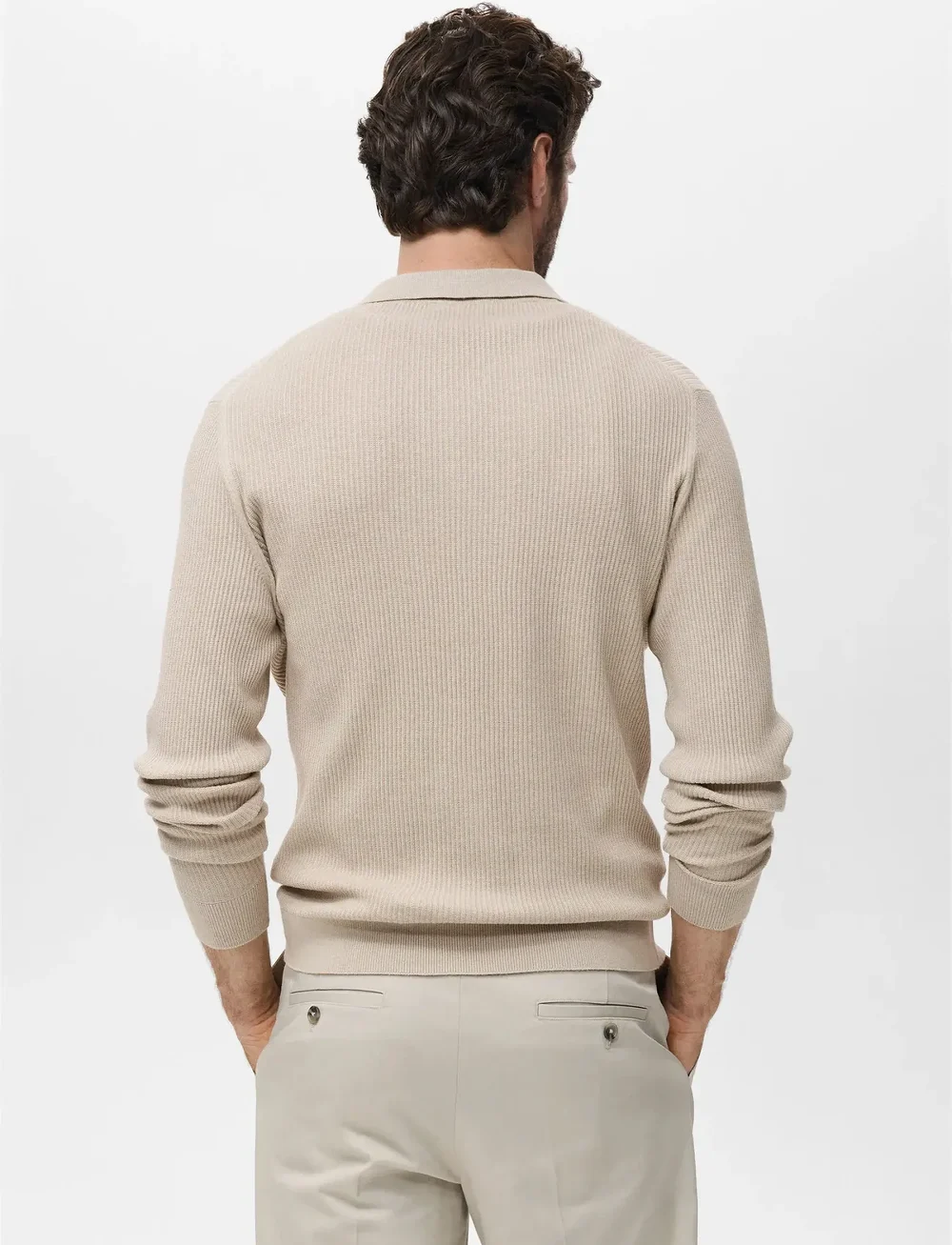 Mango - Cotton-blend ribbed polo sweater - neulotut poolot - light beige - 2