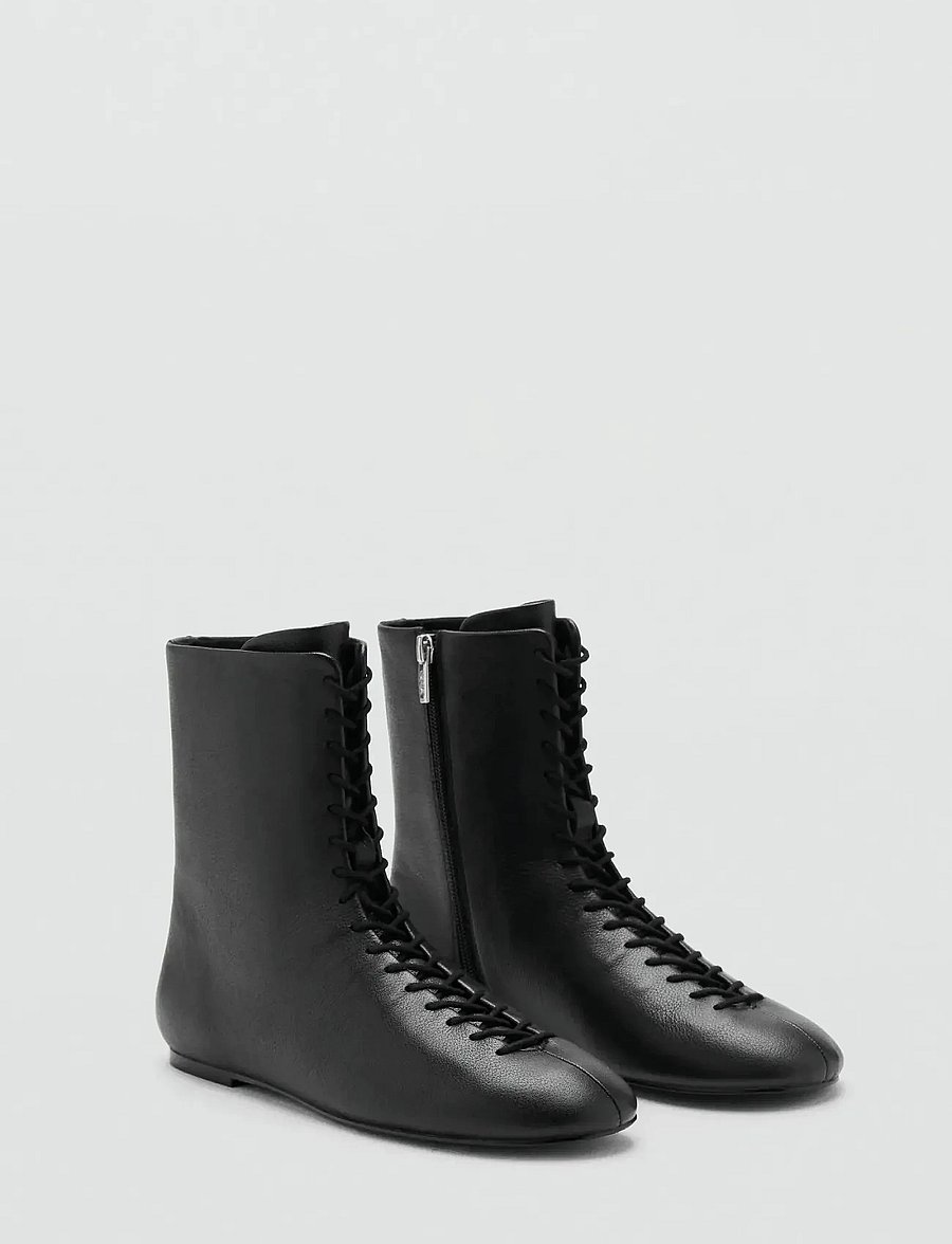 Mango - Lace-up leather ankle boots - platta ankelboots - black - 0