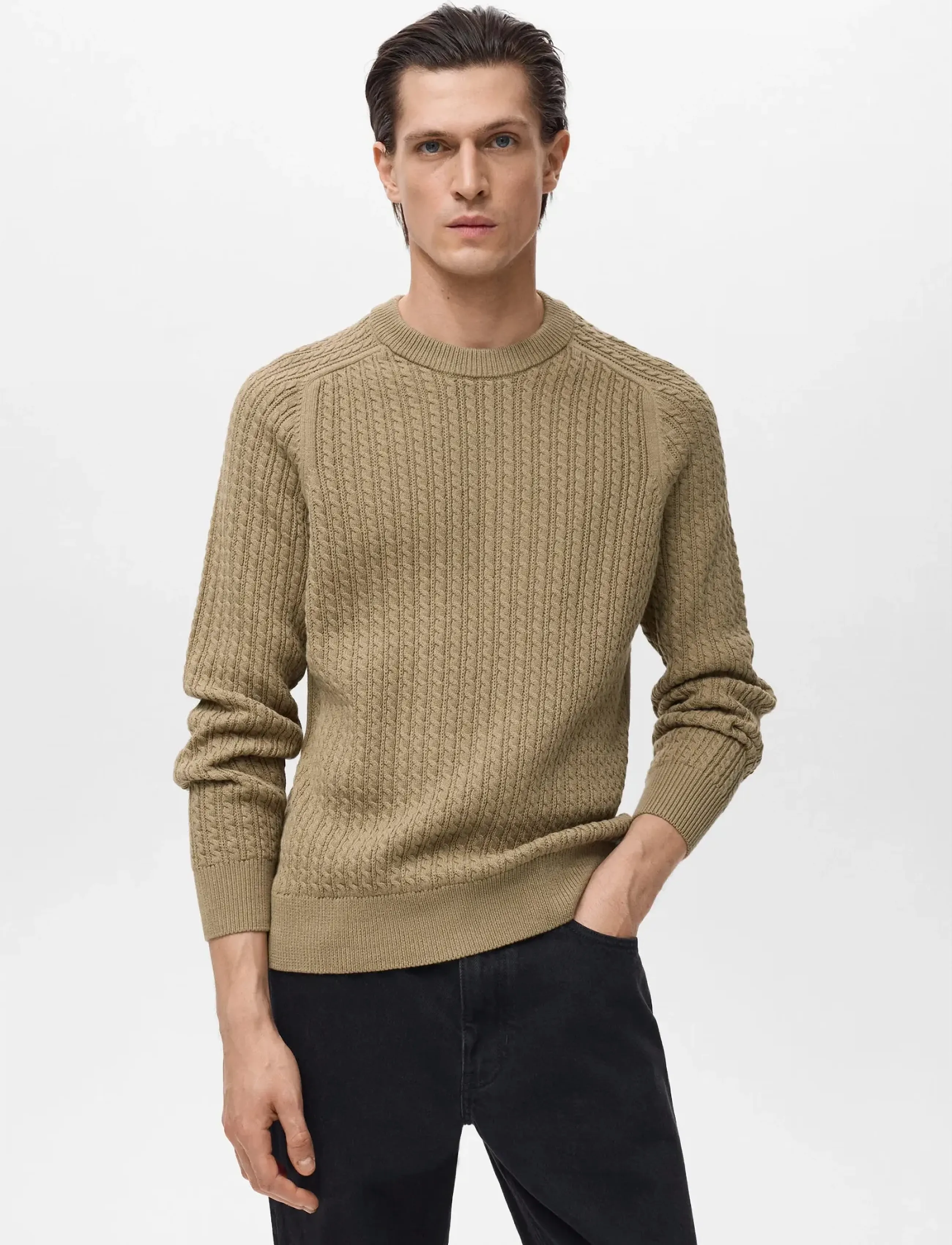 Mango 100% Cotton Braided Sweater, Mænd, Kabelstrikket Sweater, Beige, Str: S