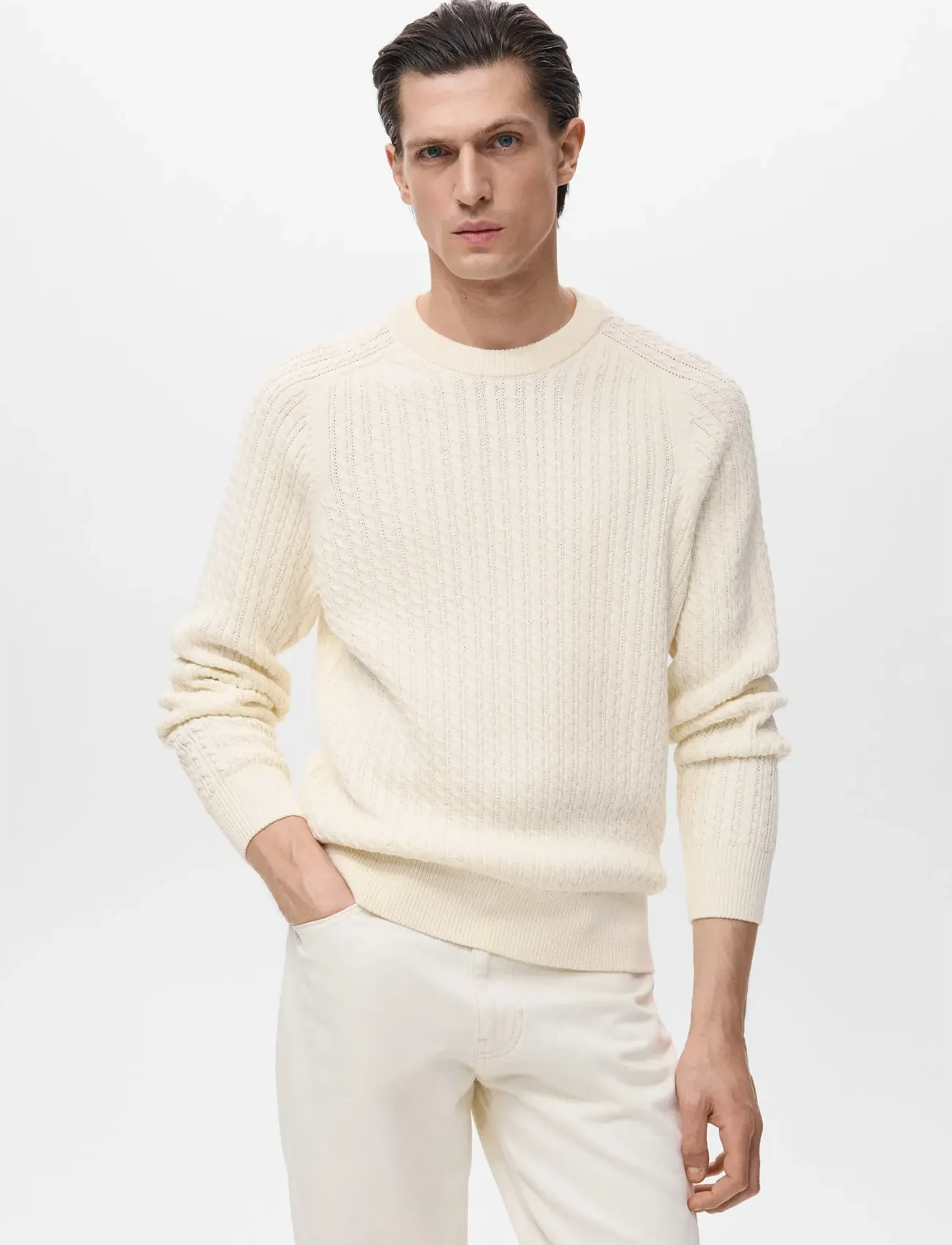 Mango 100% Cotton Braided Sweater, Mænd, Kabelstrikket Sweater, Cream, Str: XXL