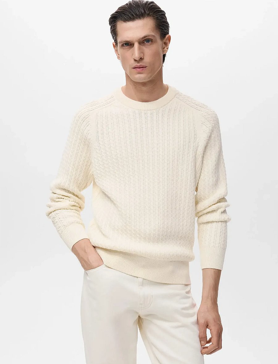 Mango - 100% cotton braided sweater - rund hals - natural white - 0