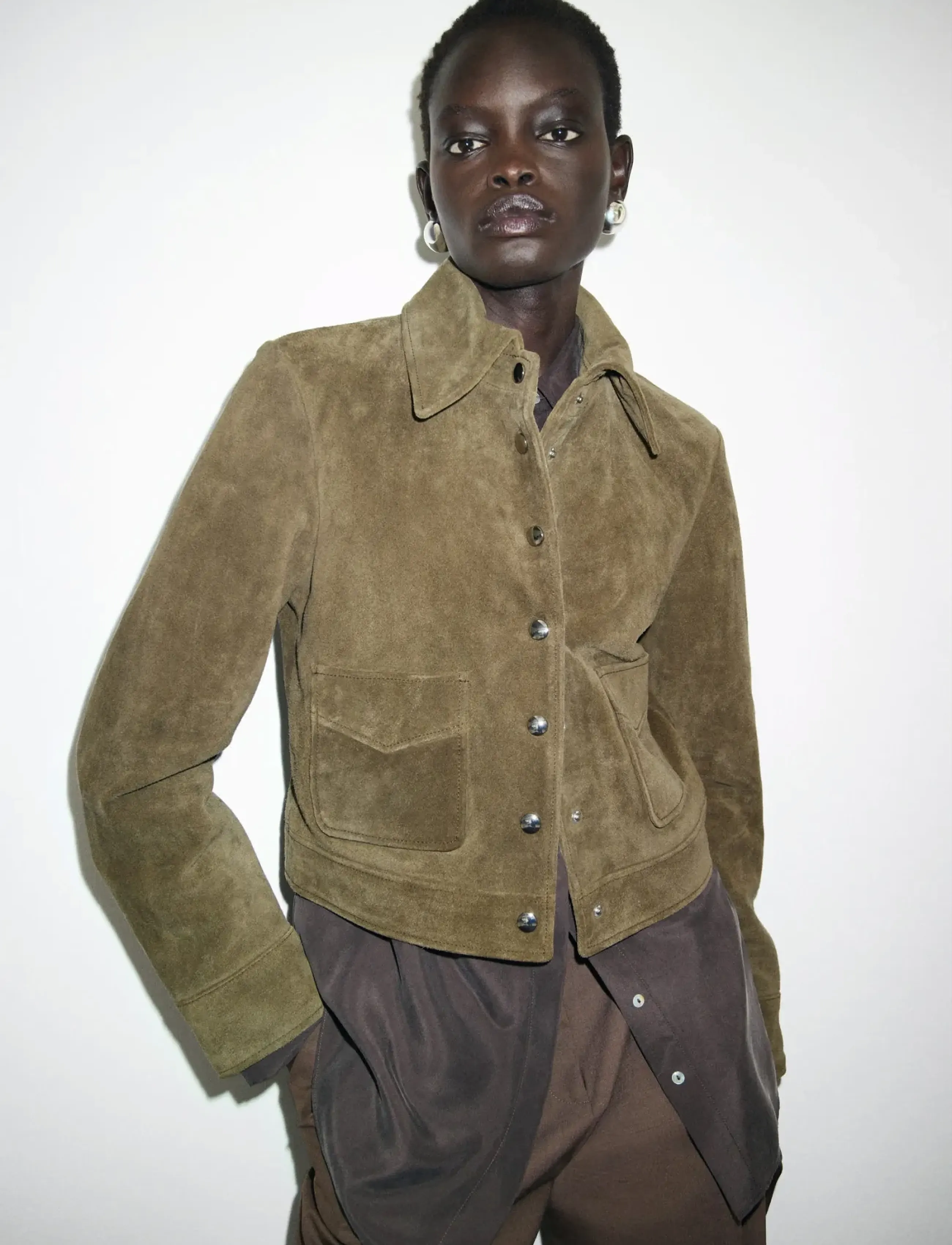 Mango Suede Leather Jacket With Buttons, XXS, Jackets, Khakigrün - Leather, Frauen