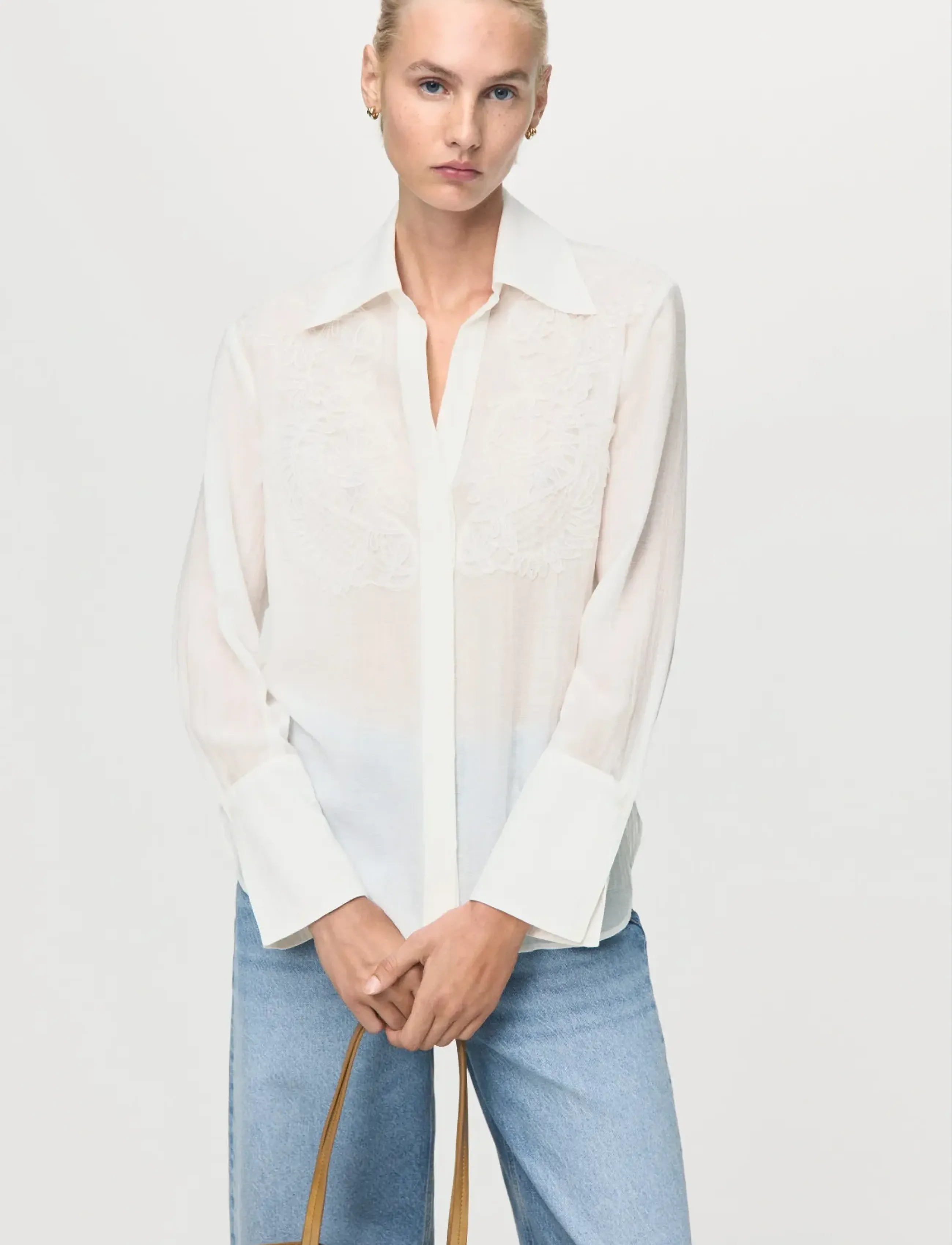 Mango Lyocell Shirt With Patches, XL, White, Skjorter > Langærmede, Dame
