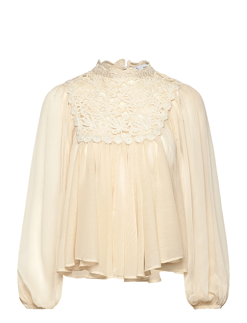Mango - Lace combination blouse - långärmade blusar - light beige - 1